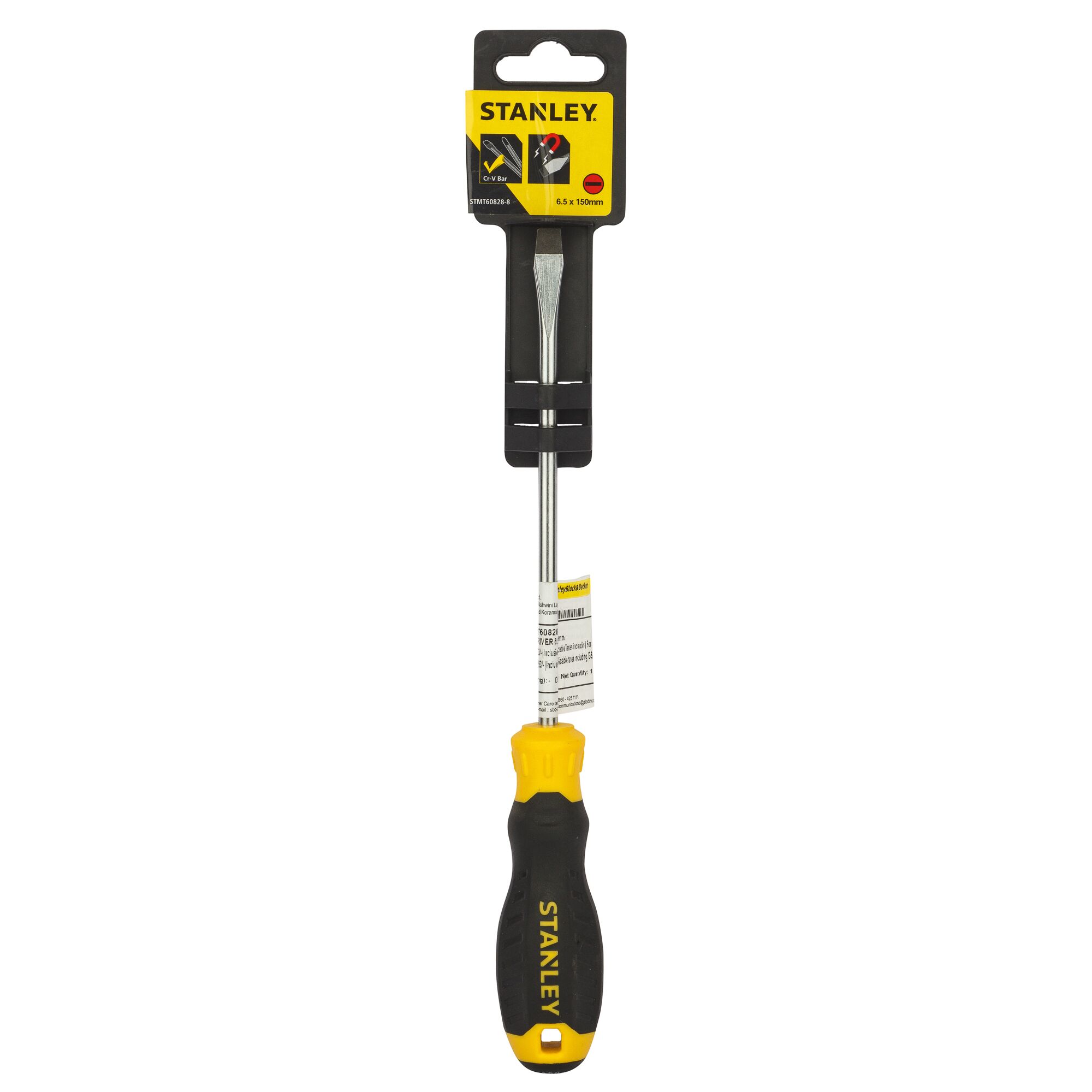 STANLEY STMT60828-8 flathead screwdriver with yellow-black handle, front angle, photography.