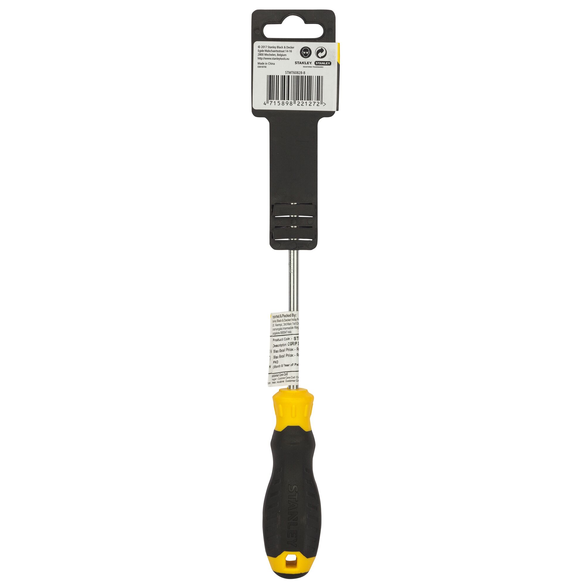 STANLEY STMT60828-8 screwdriver with black and yellow handle, vertical front angle on white background.