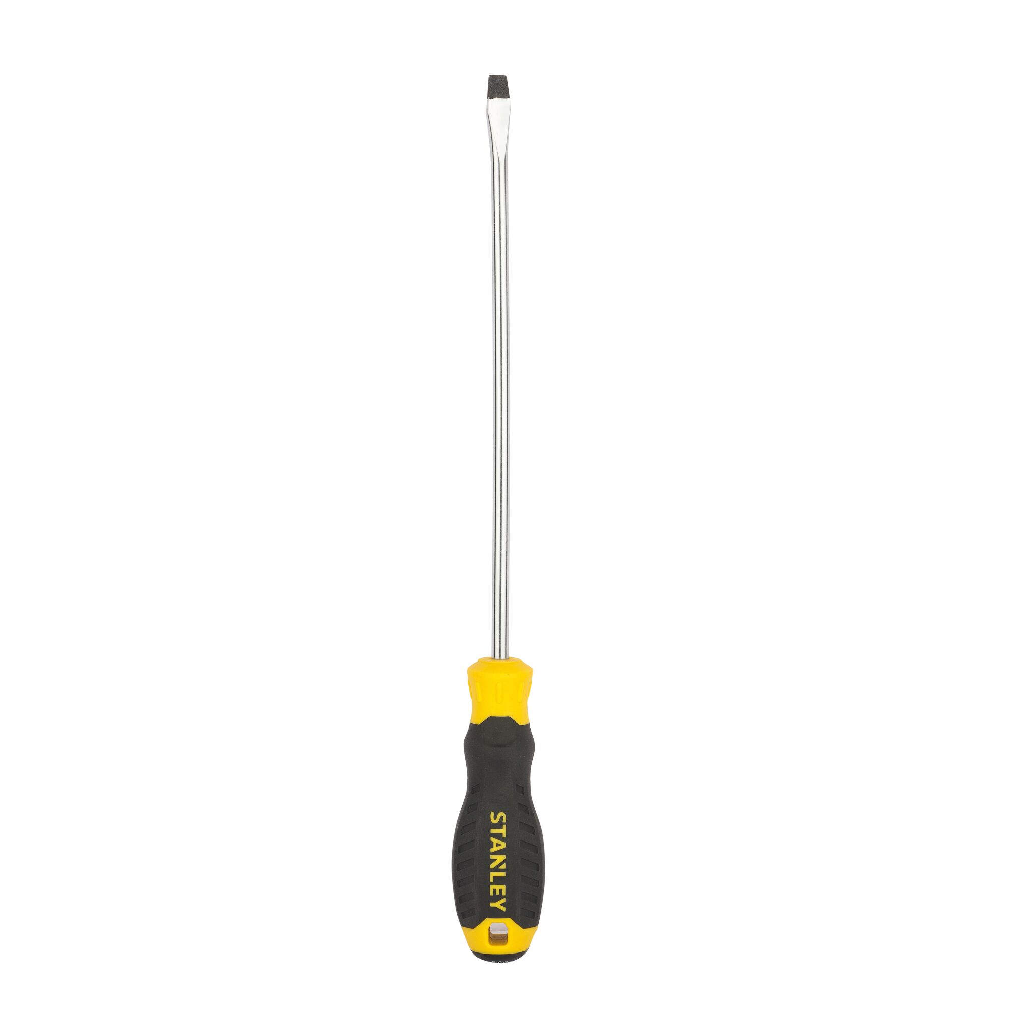 STANLEY STMT60829-8 flathead screwdriver with black and yellow handle, front angle on white background.