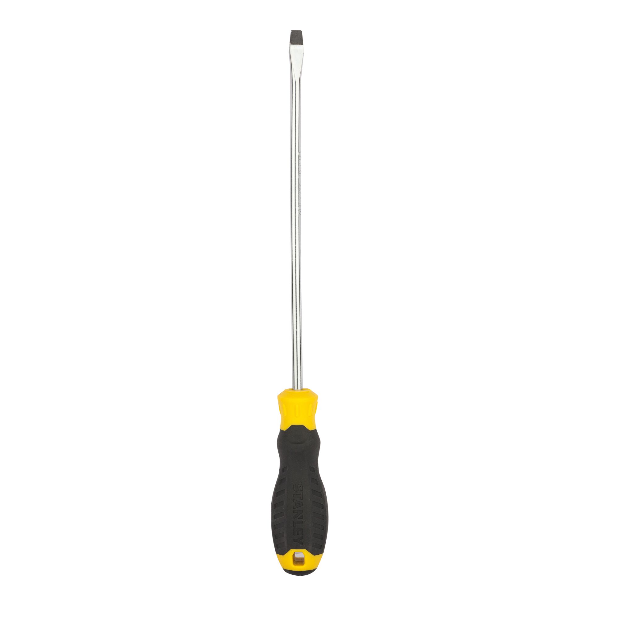 STANLEY STMT60829-8 flathead screwdriver, black and yellow handle, front angle, white background