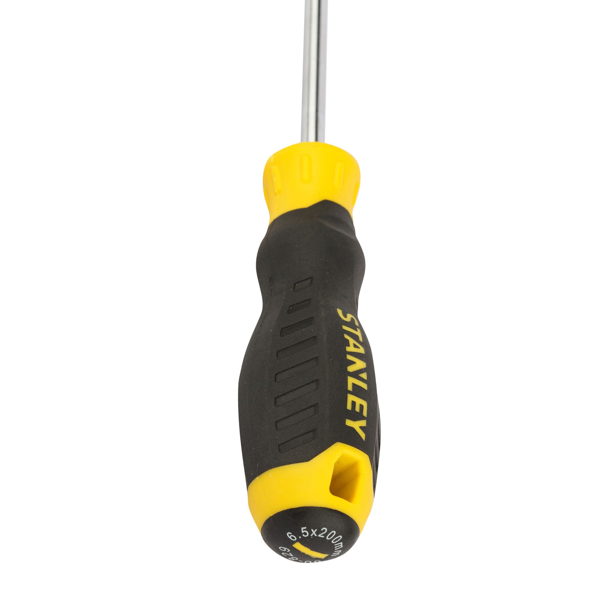STANLEY STMT60829-8 screwdriver with black and yellow ergonomic handle, close-up on white background
