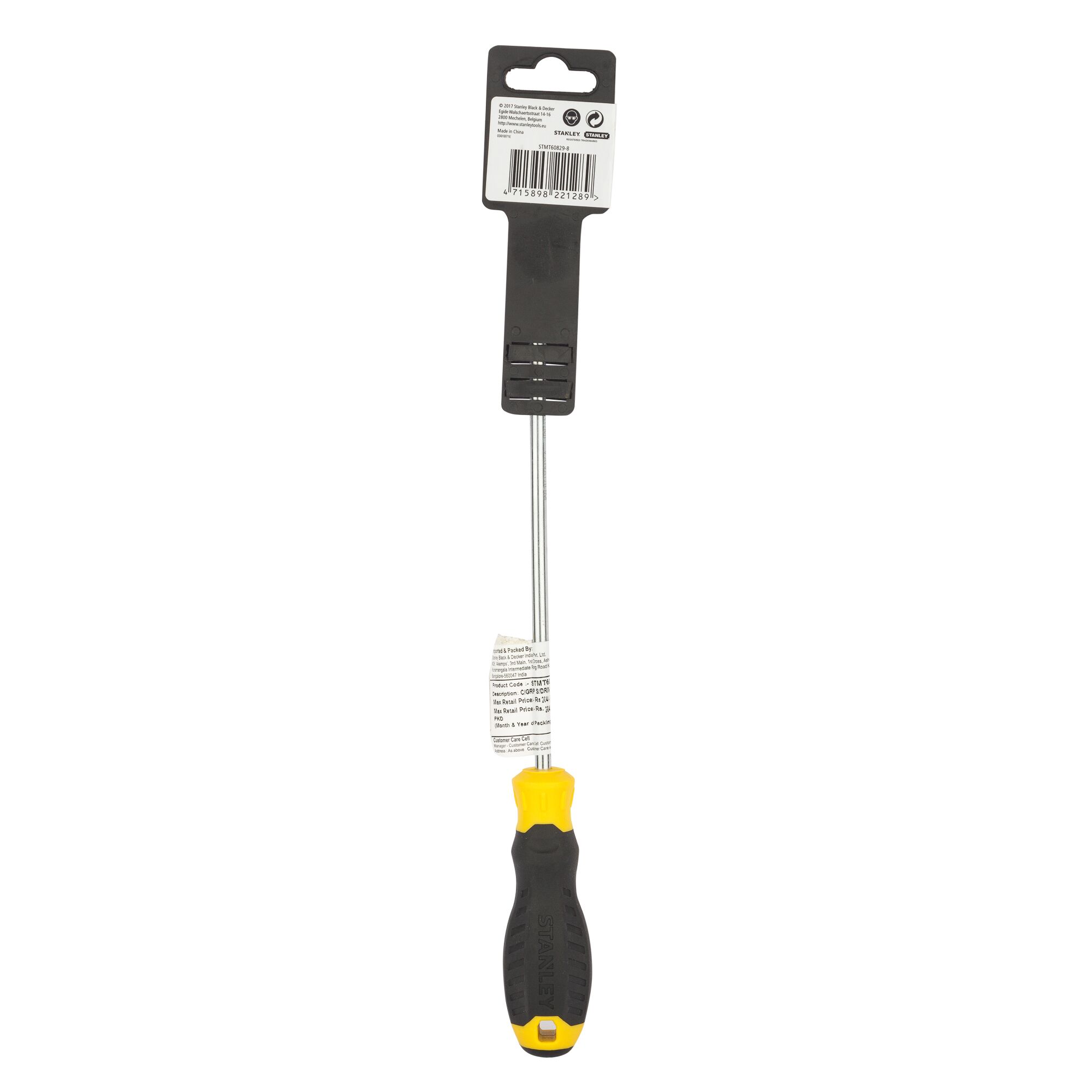 STANLEY STMT60829-8 screwdriver, black and yellow handle, front view on white background.