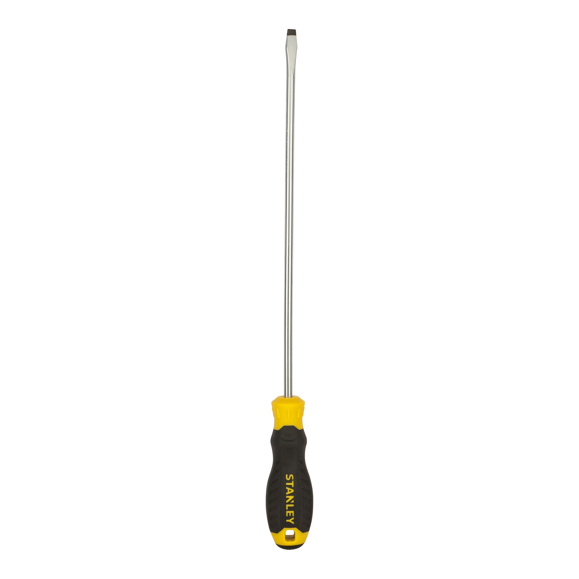STANLEY STMT60830-8 flathead screwdriver, black and yellow handle, front angle, hand tool photography.