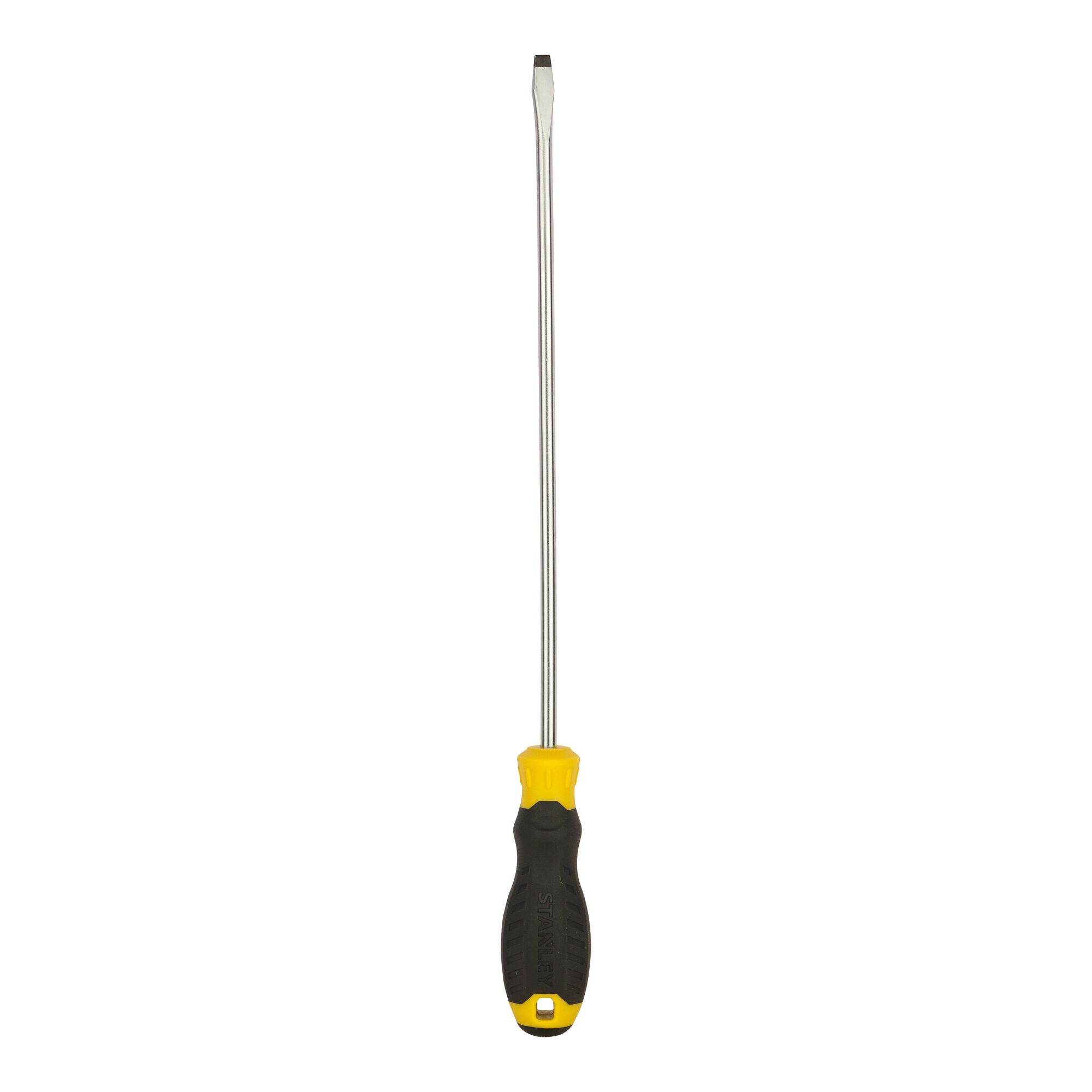 STANLEY STMT60830-8 flathead screwdriver with long steel shaft and black and yellow handle, front view, white background.