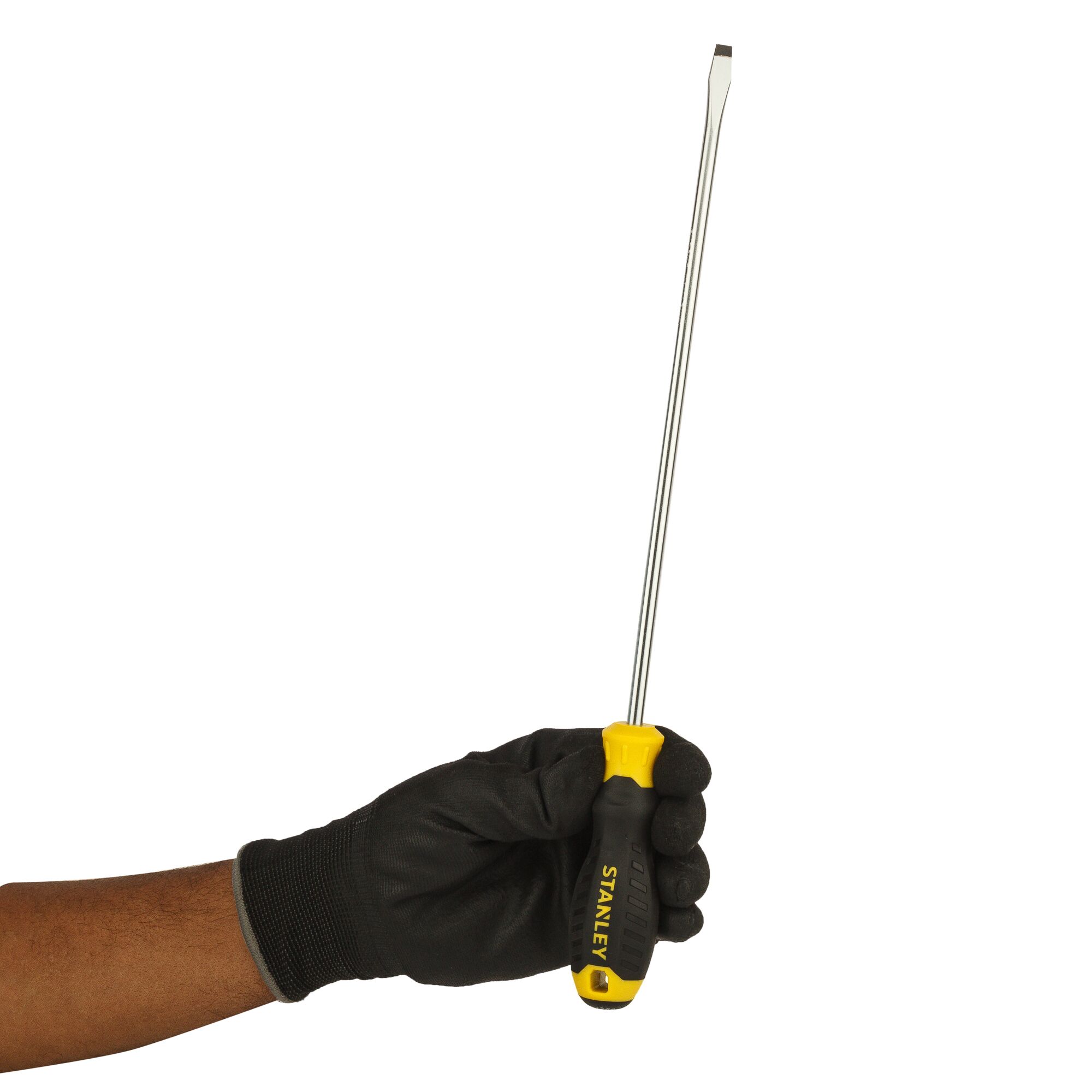 Photo of STANLEY STMT60830-8 flathead screwdriver with yellow and black handle, held in gloved hand, side view.