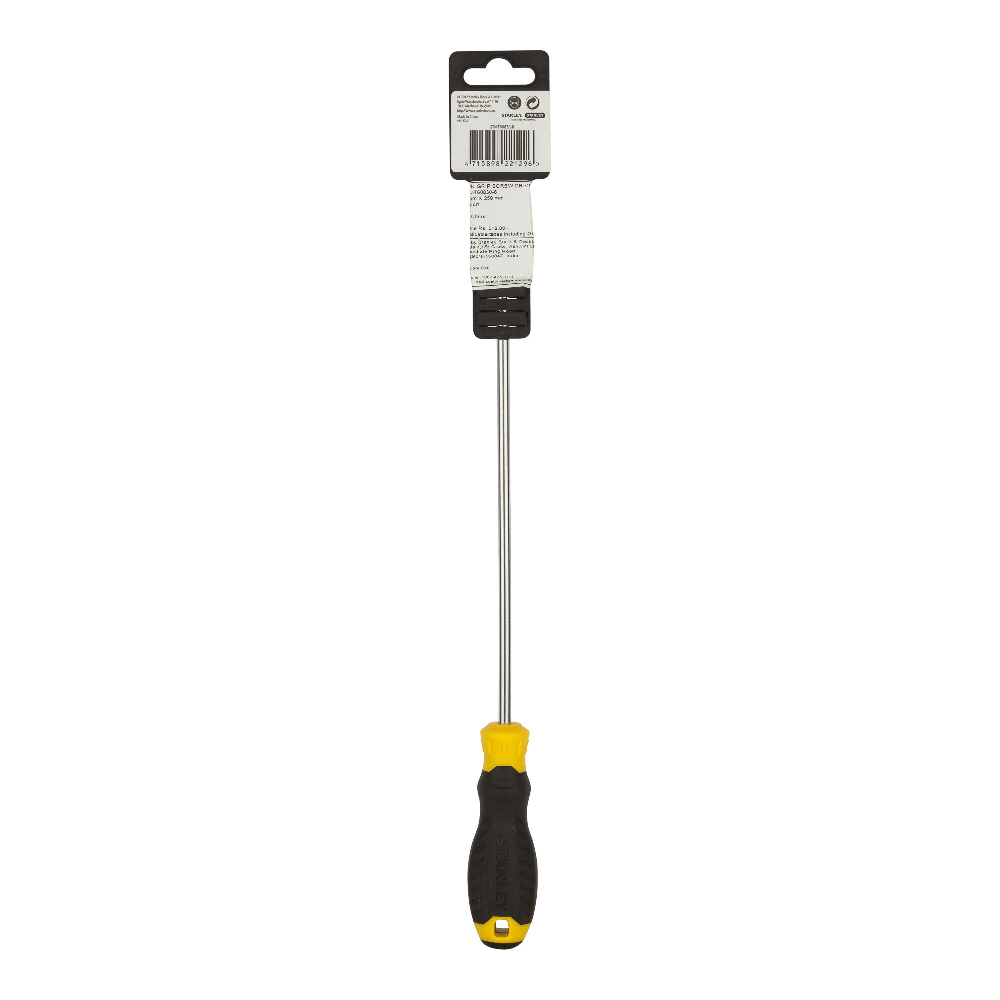 STANLEY STMT60830-8 long shaft screwdriver with black and yellow handle, front angle, white background.