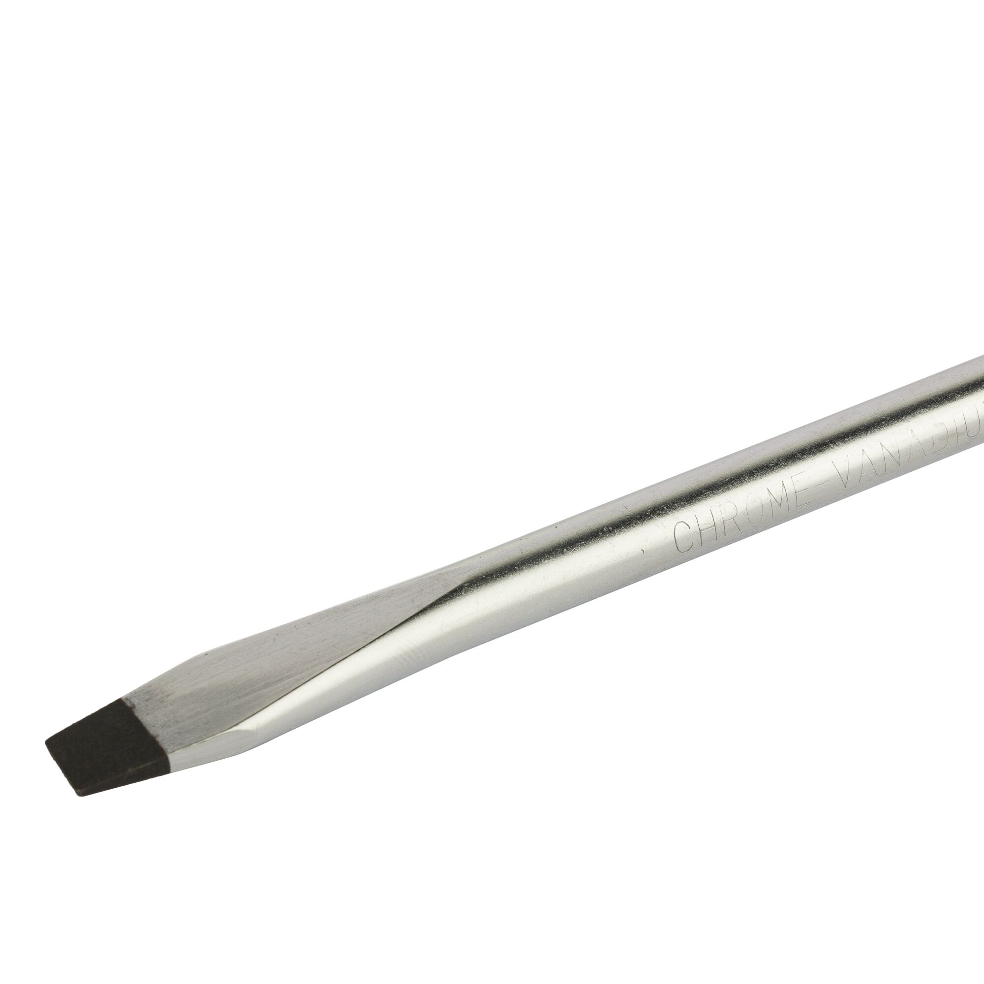 Stanley STMT60831-8 flat-head screwdriver, silver handle, black tip, close-up on white background.