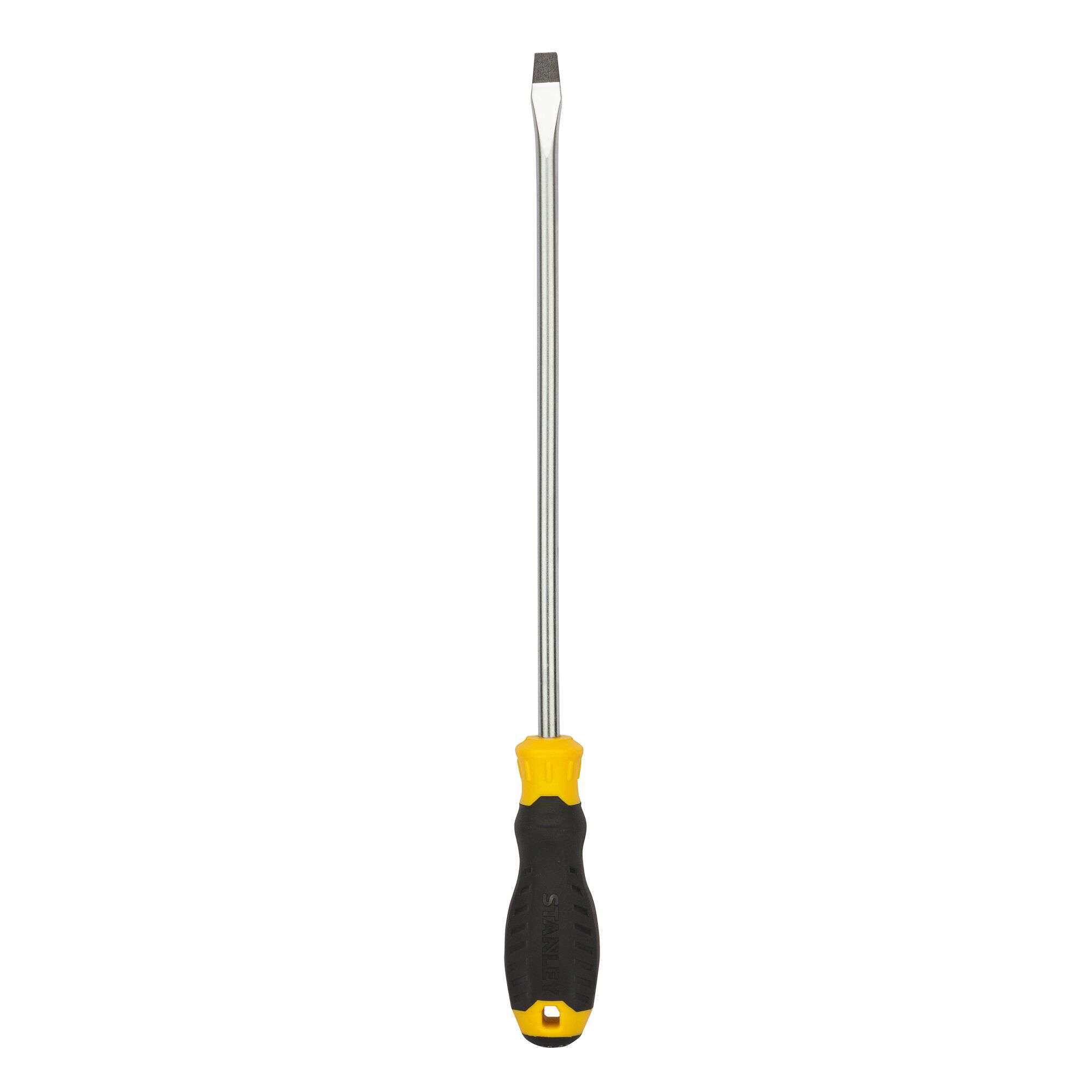 STANLEY STMT60833-8 flathead screwdriver, black and yellow ergonomic handle, front angle, white background.