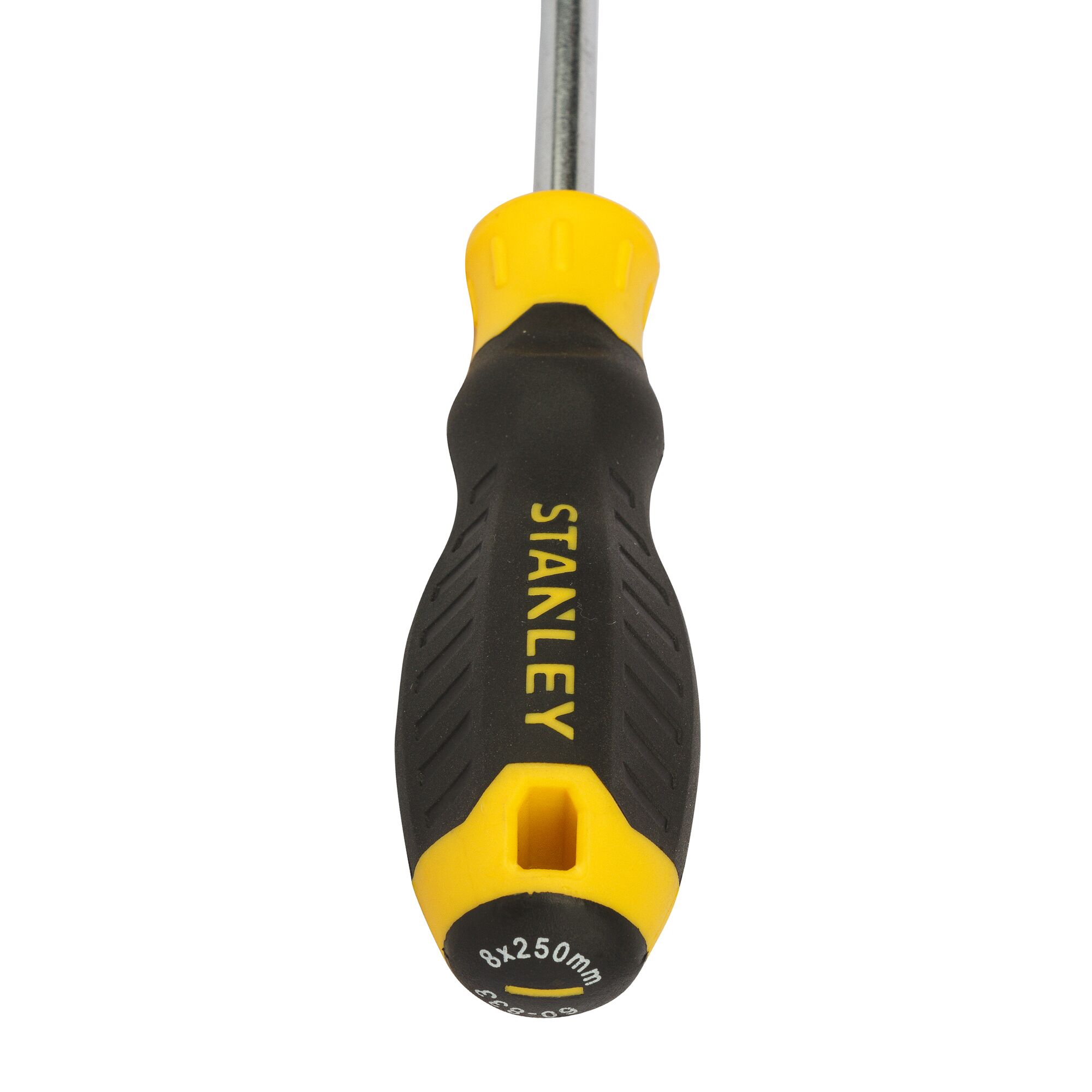 STANLEY STMT60833-8 screwdriver with yellow and black ergonomic handle, close-up from handle end.