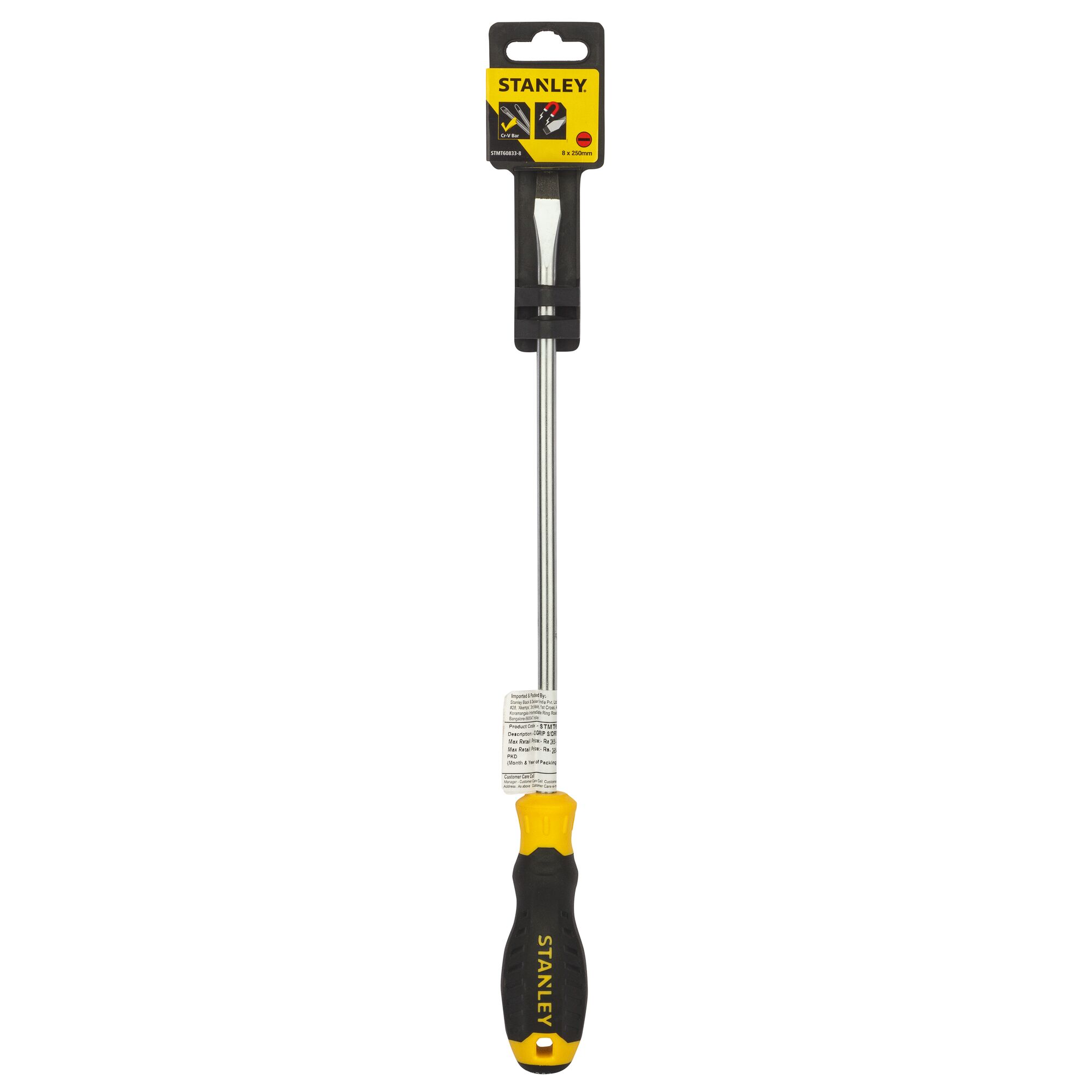 STANLEY STMT60833-8 flathead screwdriver with black and yellow handle, front angle, white background.
