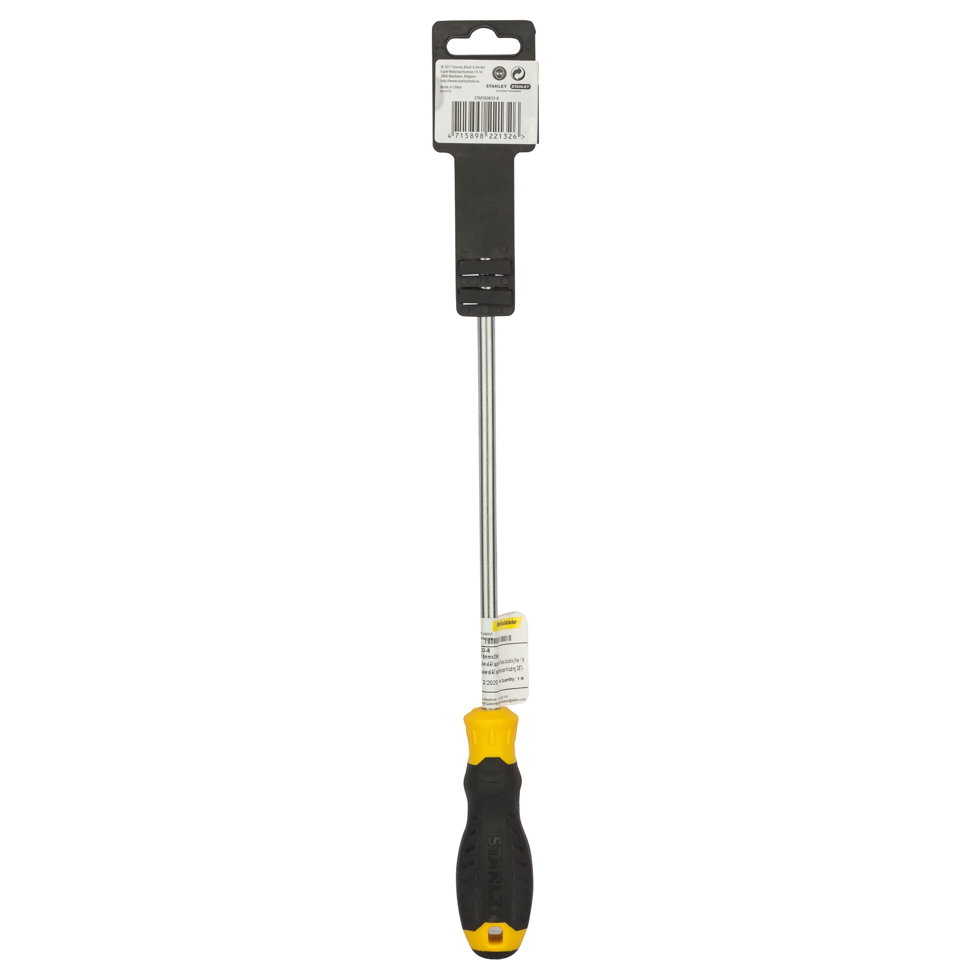 Stanley STMT60833-8 long shaft screwdriver with black and yellow handle, front angle on white background.
