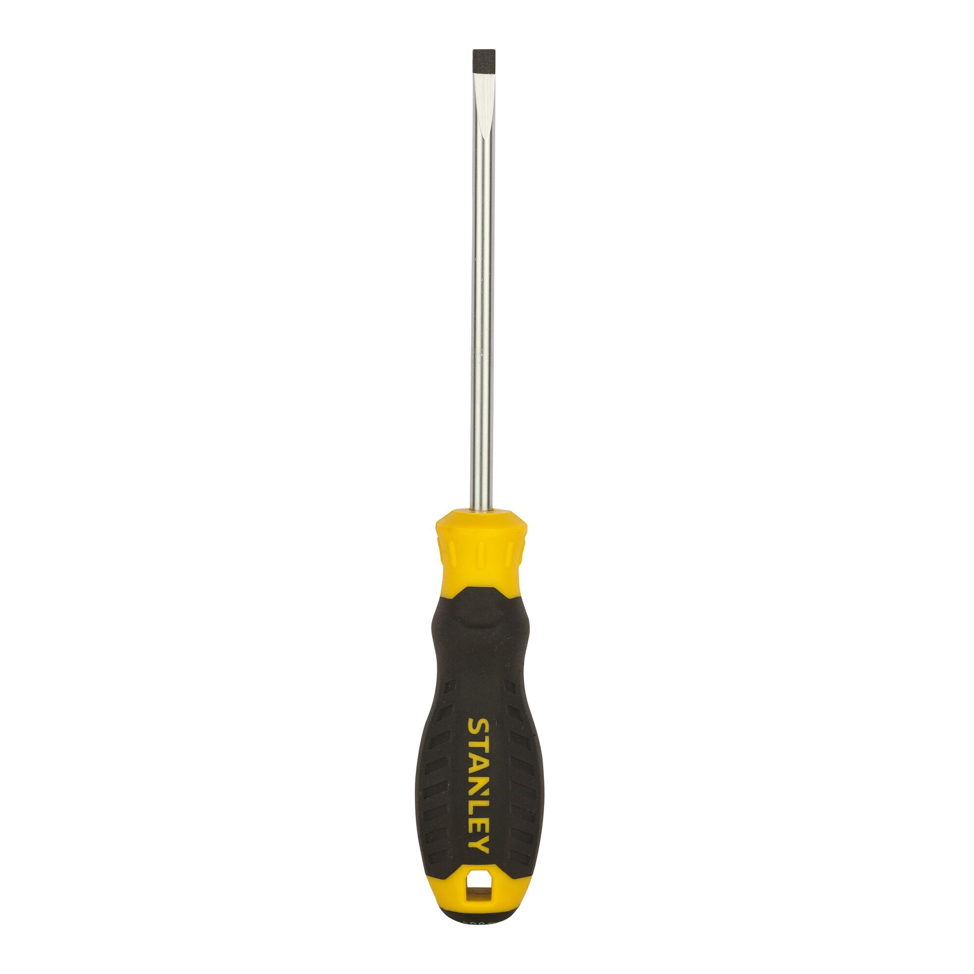 STANLEY STMT60834-8 flathead screwdriver with yellow and black ergonomic handle, front view, on white background.