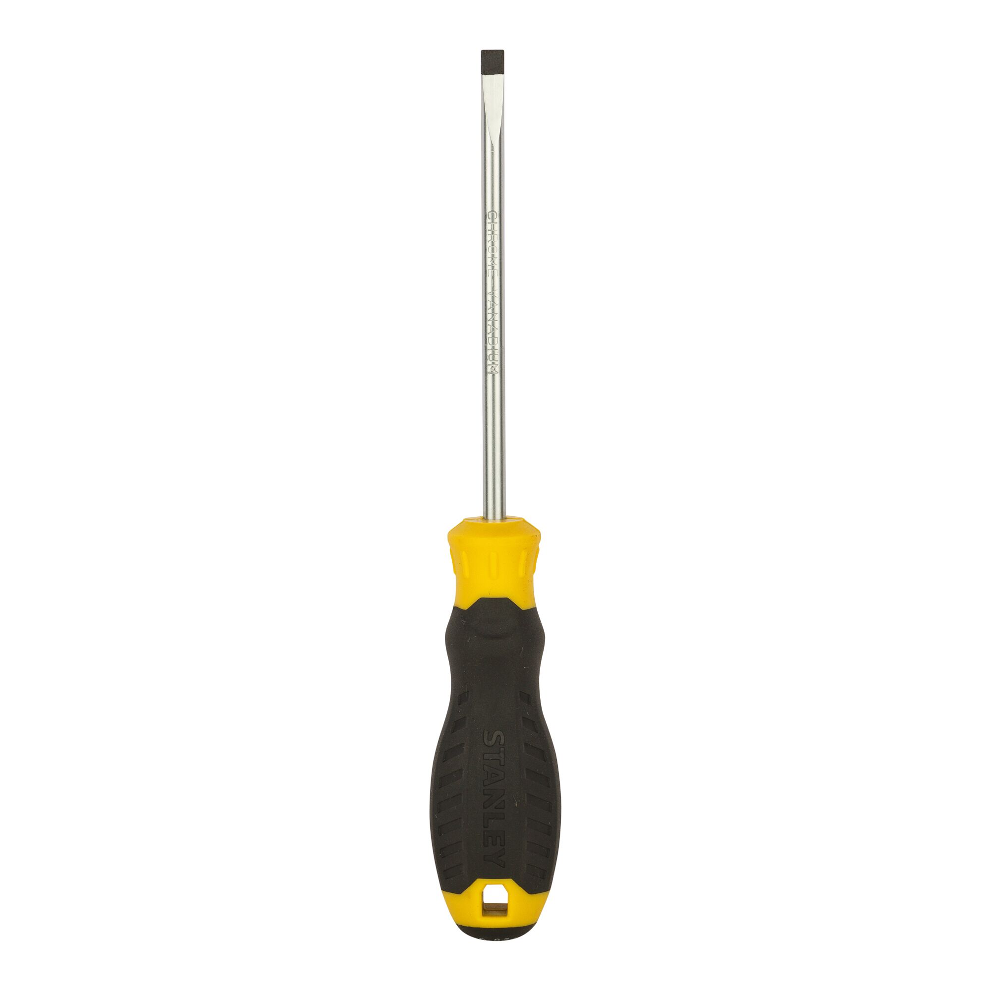 STANLEY STMT60834-8 flathead screwdriver with yellow and black handle, front view, on white background.