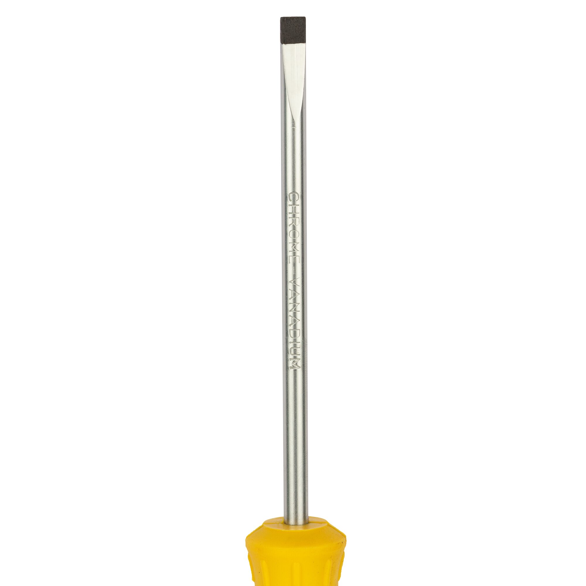STANLEY STMT60834-8 flathead screwdriver with yellow handle, front angle, white background.
