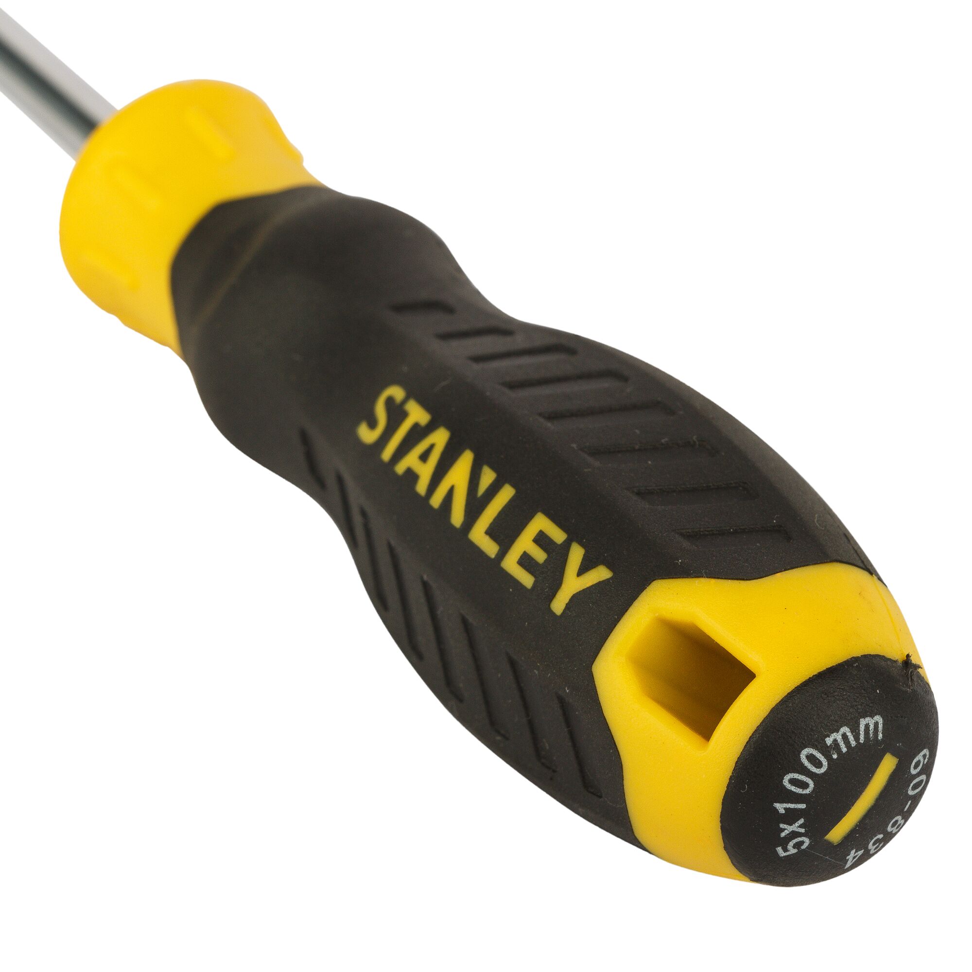 STANLEY STMT60834-8 screwdriver with black and yellow ergonomic handle, side view, visible size markings.