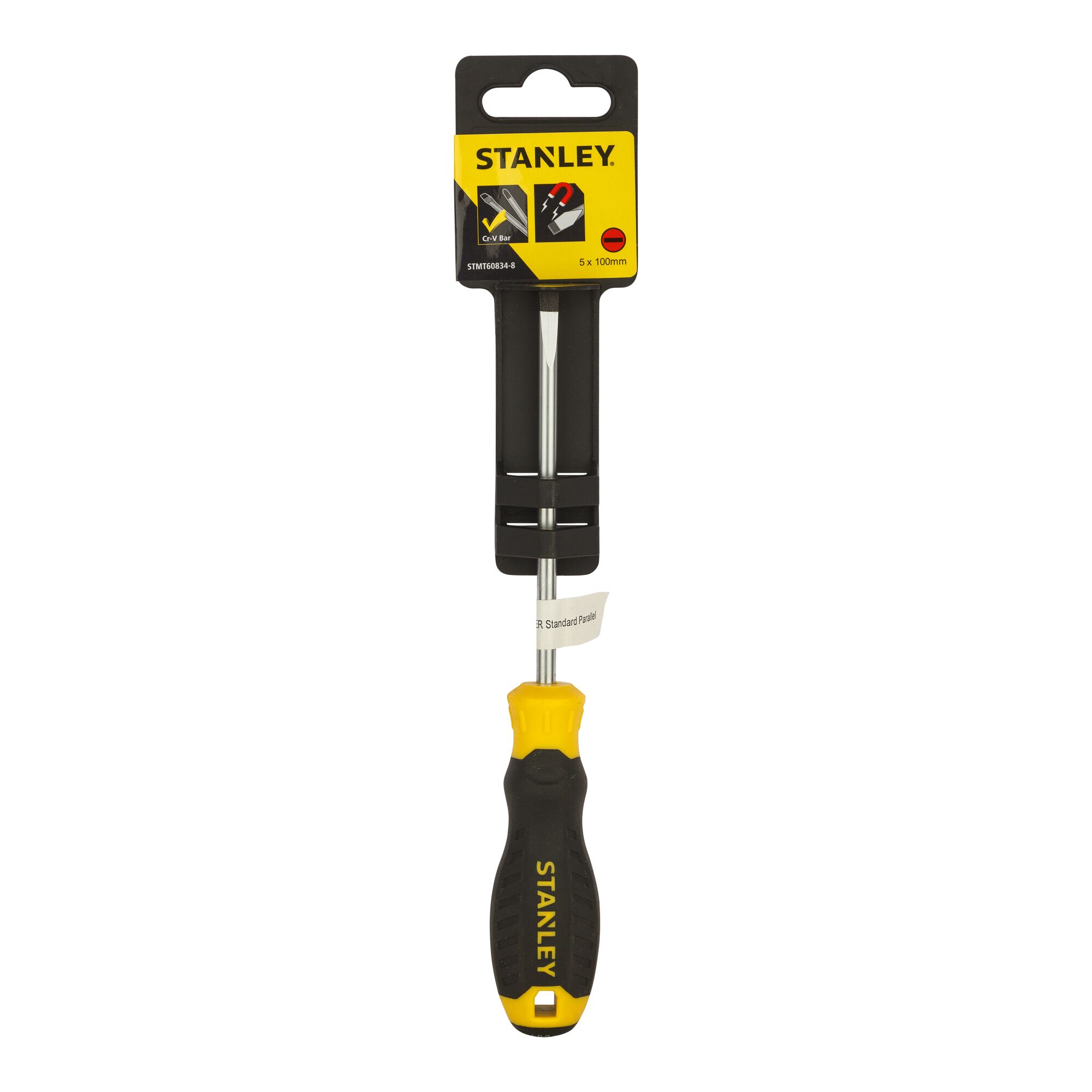 STANLEY STMT60834-8 screwdriver with black and yellow handle, straight blade, front view on white background.