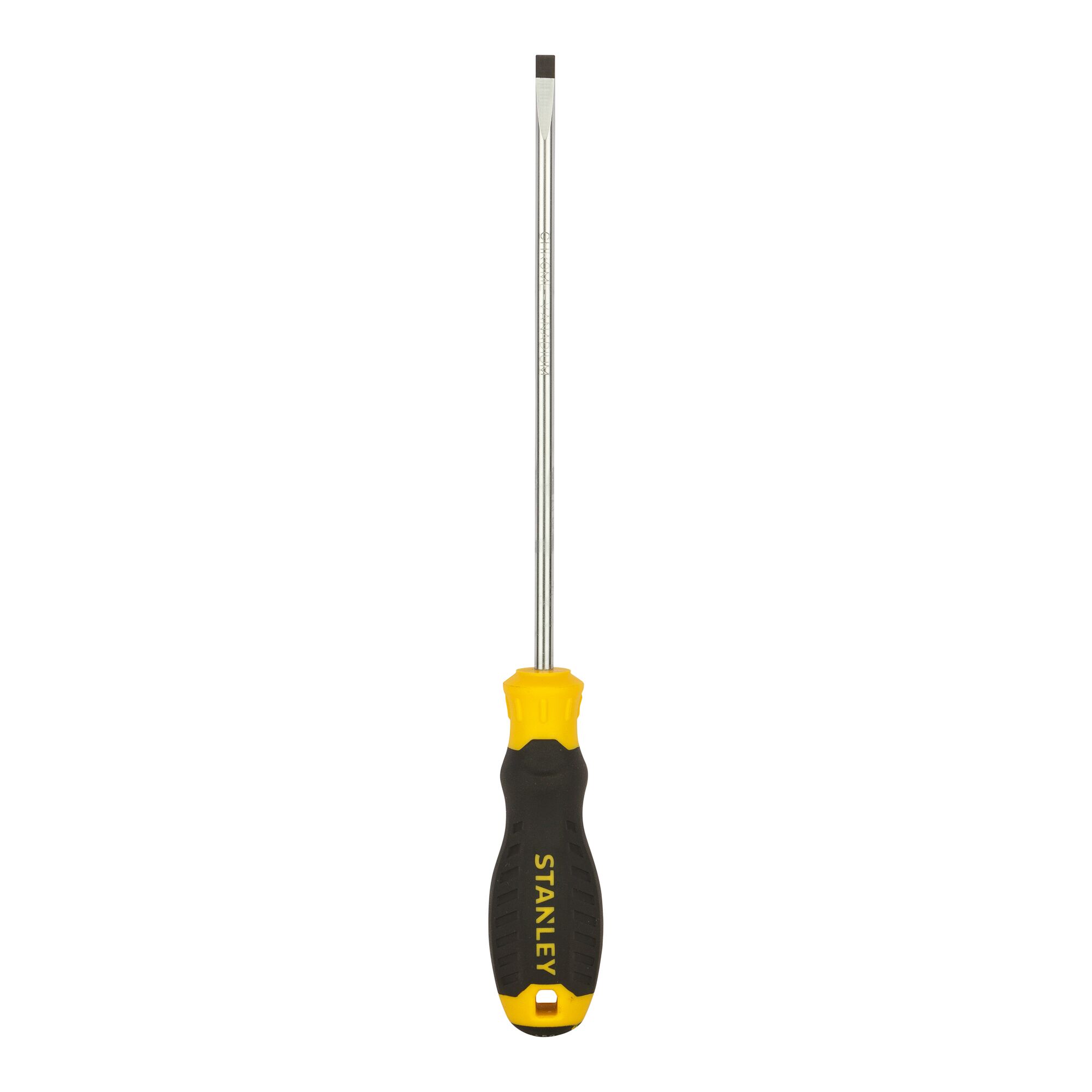 STANLEY STMT60835-8 flathead screwdriver, black and yellow handle, front view on white background.