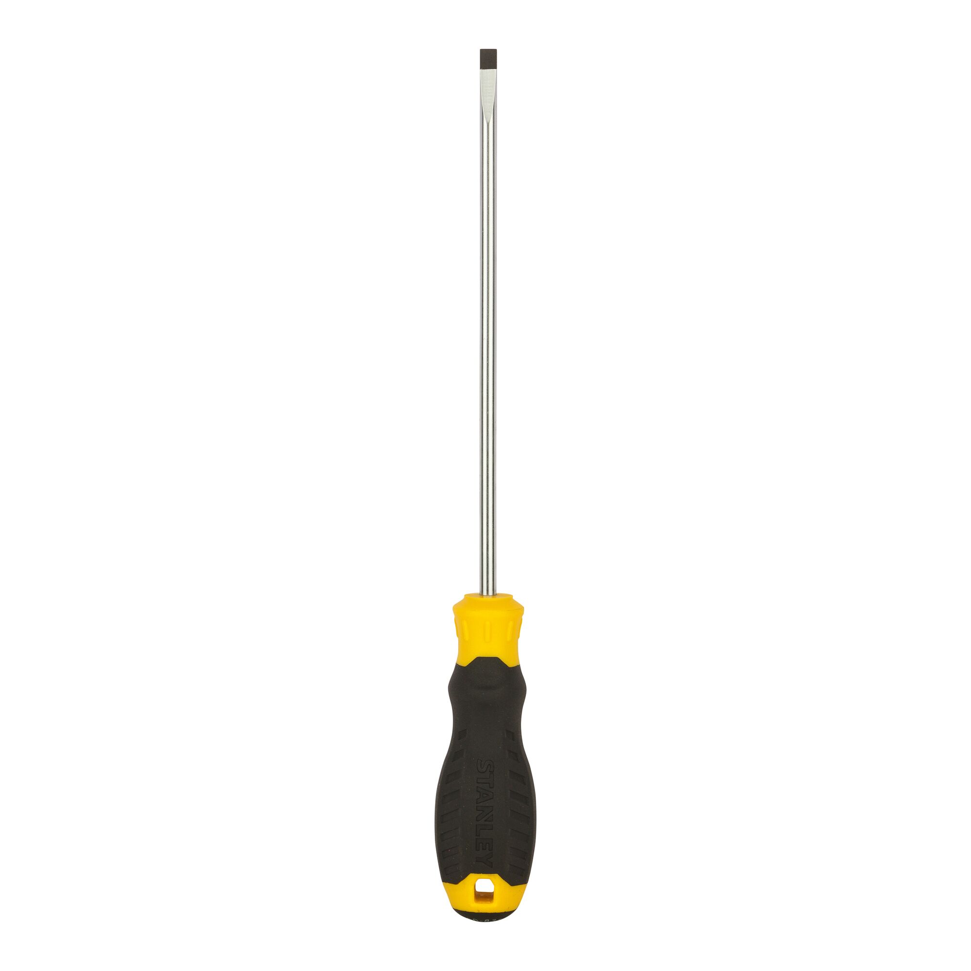 STANLEY STMT60835-8 flathead screwdriver, black and yellow handle, front angle, white background.