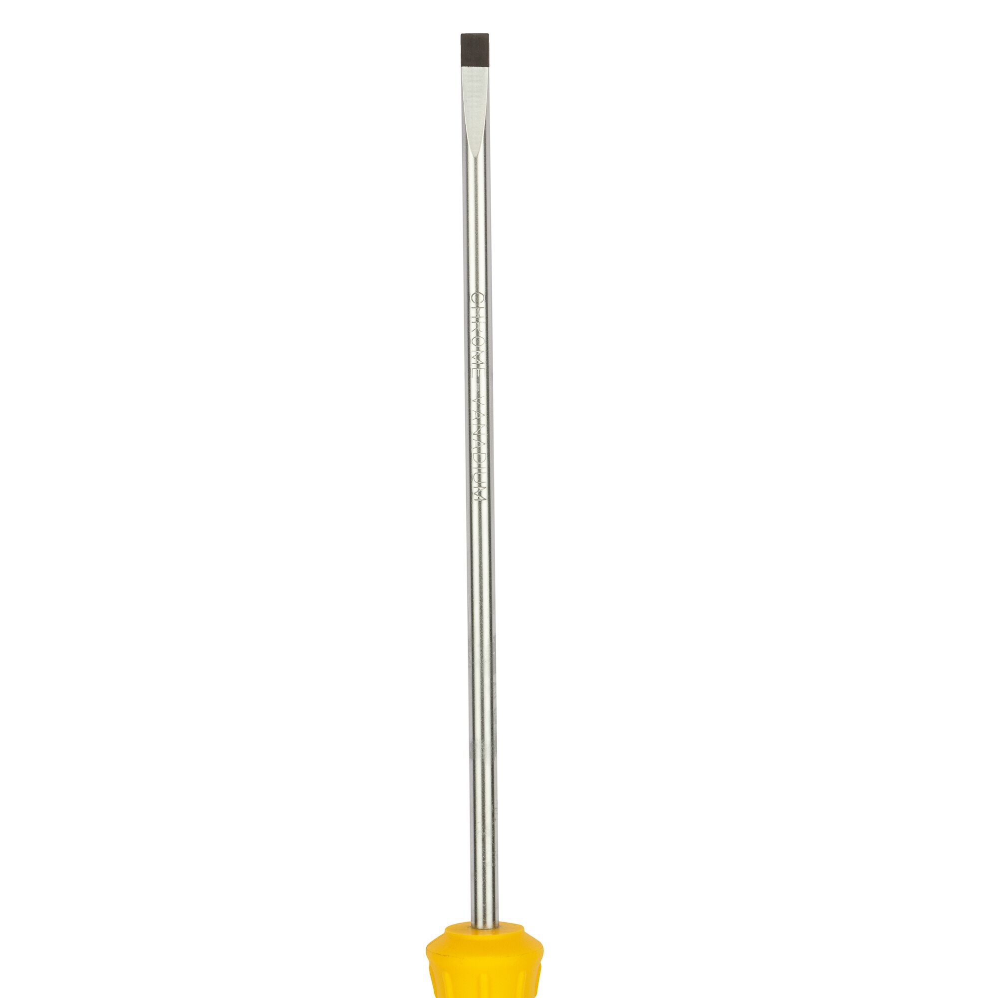 STANLEY STMT60835-8 flathead screwdriver with long chrome shaft and yellow handle, front view, hand tool.