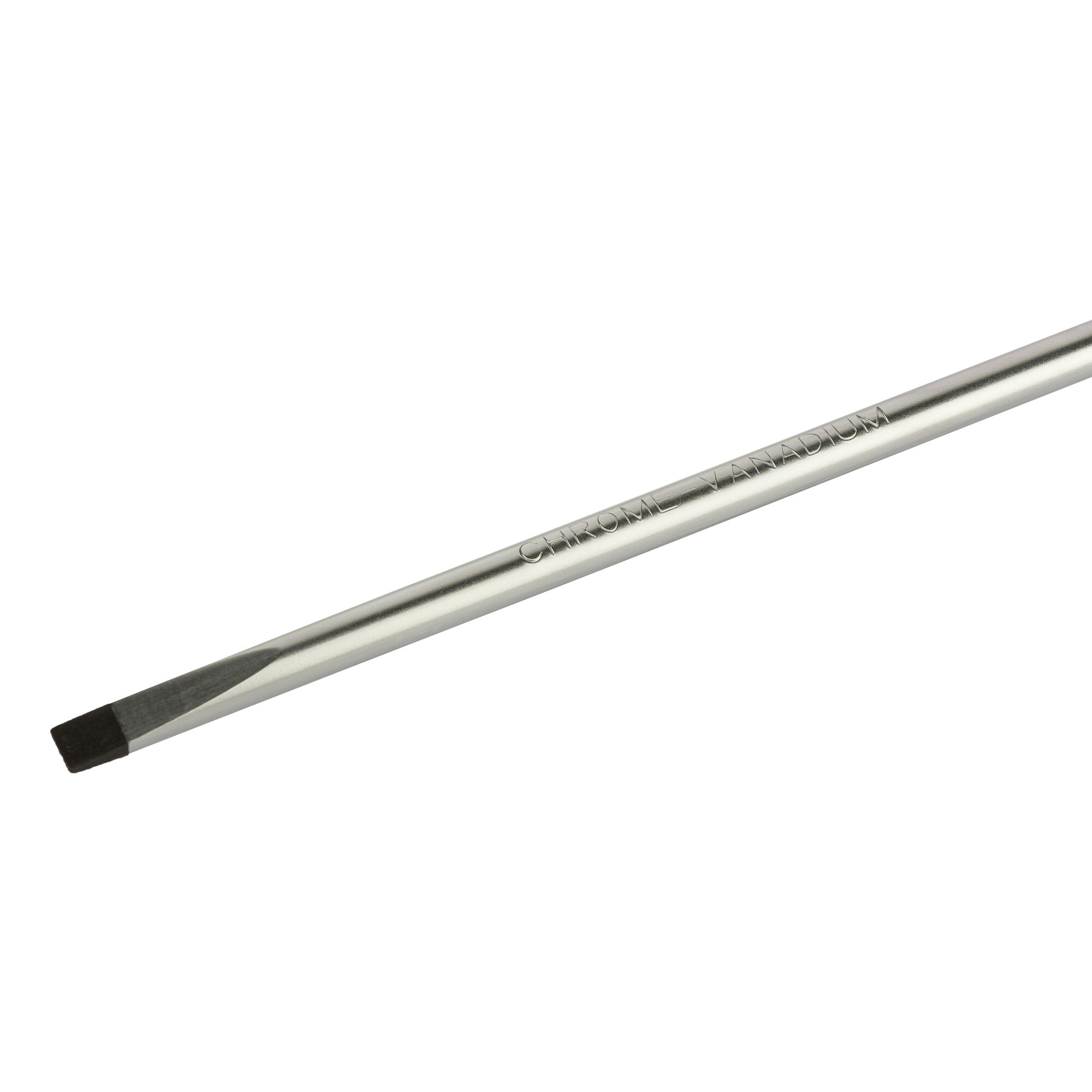 STANLEY STMT60835-8 slotted screwdriver with chrome finish, flat blade tip, side angle, white background.