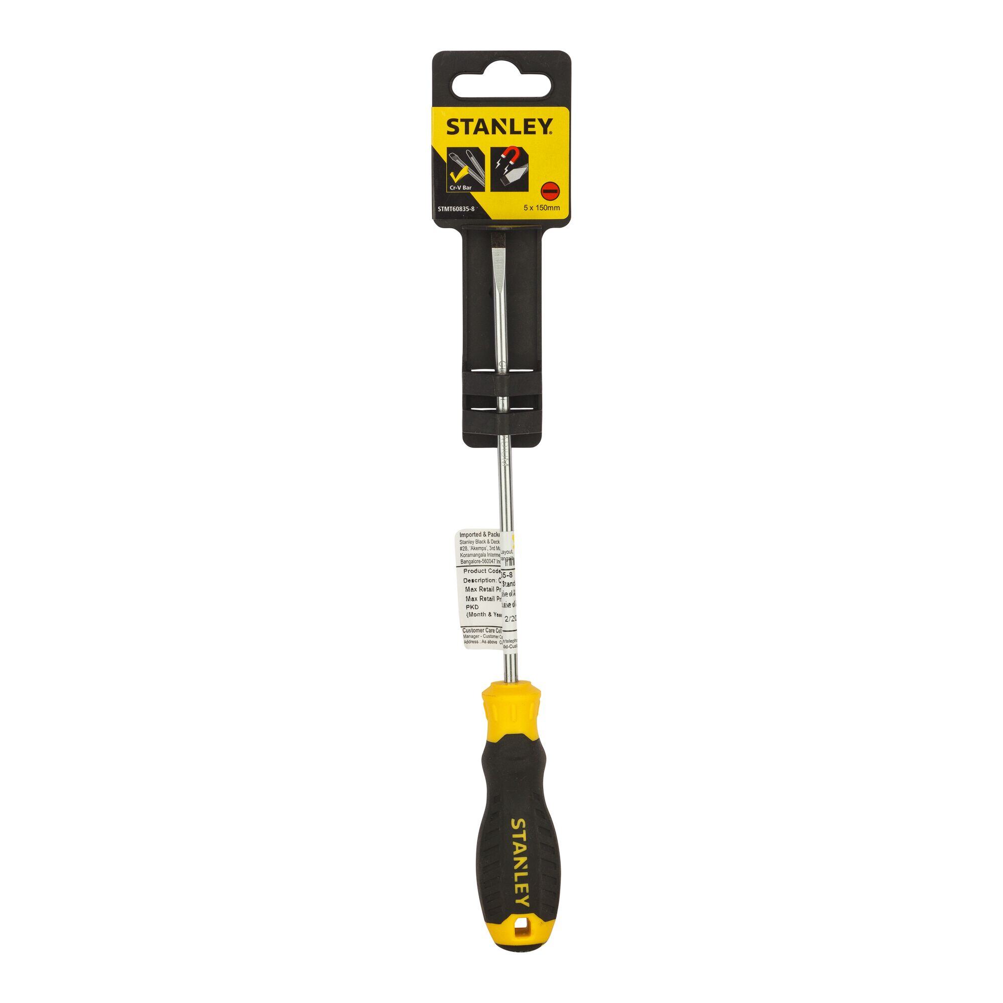 STANLEY STMT60835-8 flathead screwdriver, black and yellow handle, front view on white background.