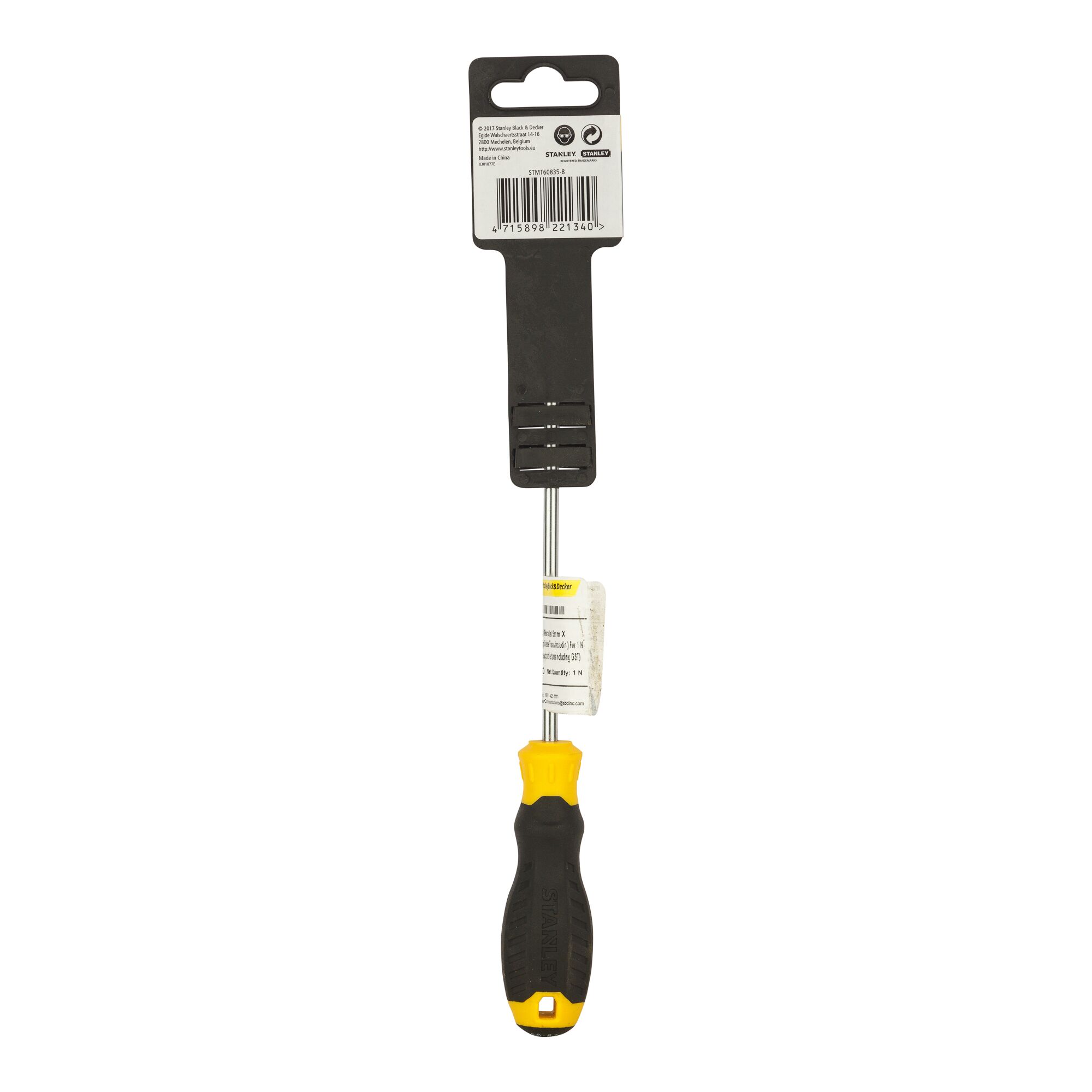 STANLEY STMT60835-8 screwdriver with black and yellow handle, rear view, on white background.
