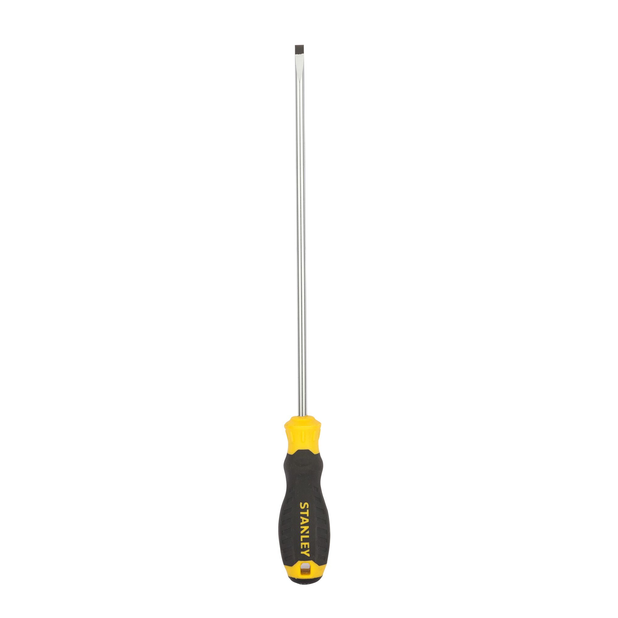 STANLEY STMT60836-8 flathead screwdriver with black and yellow handle, front angle, white background.