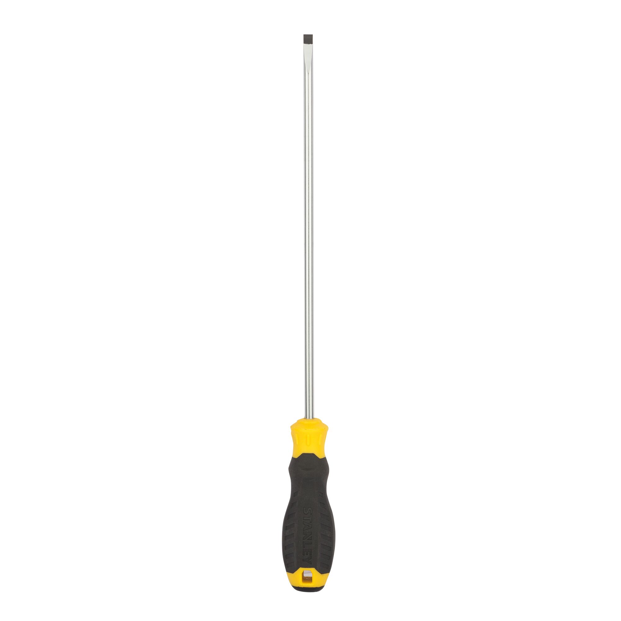 STANLEY STMT60836-8 flathead screwdriver with black and yellow handle, straight-on angle, white background.