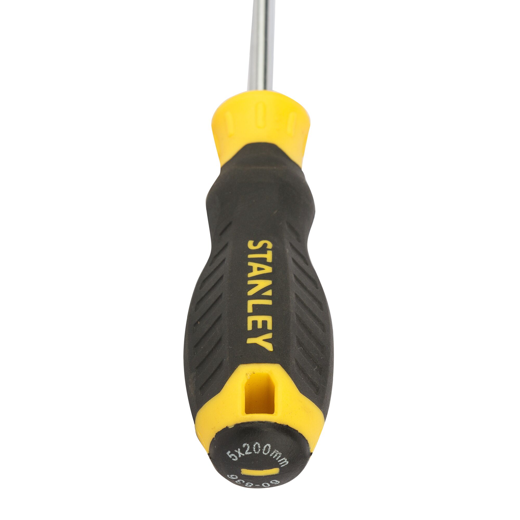 STANLEY STMT60836-8 screwdriver, black and yellow handle, top view, visible size marking, photography