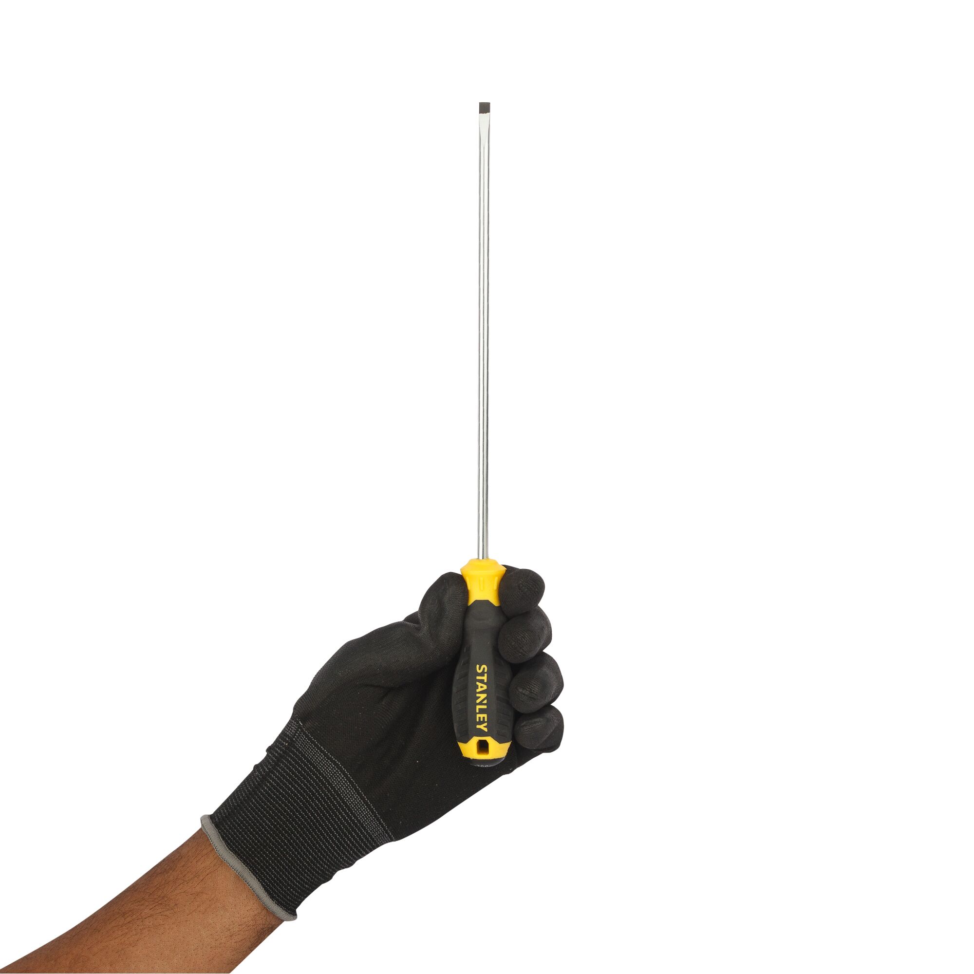 Photo of STANLEY STMT60836-8 flathead screwdriver with yellow and black handle, held upright in gloved hand, front angle.