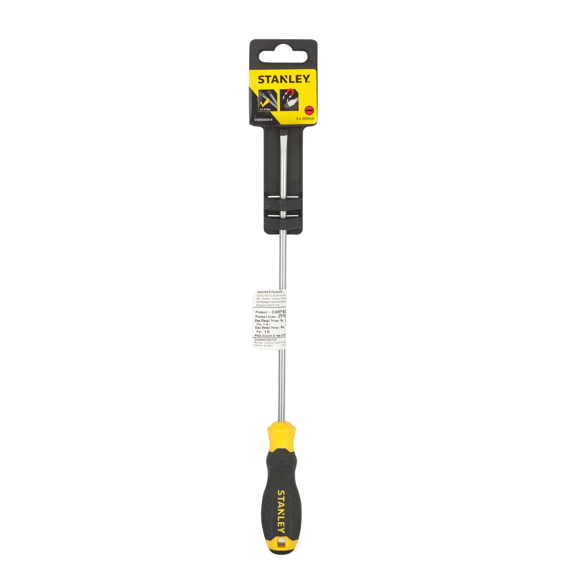 Stanley STMT60836-8 flathead screwdriver with black and yellow handle, front view, white background.