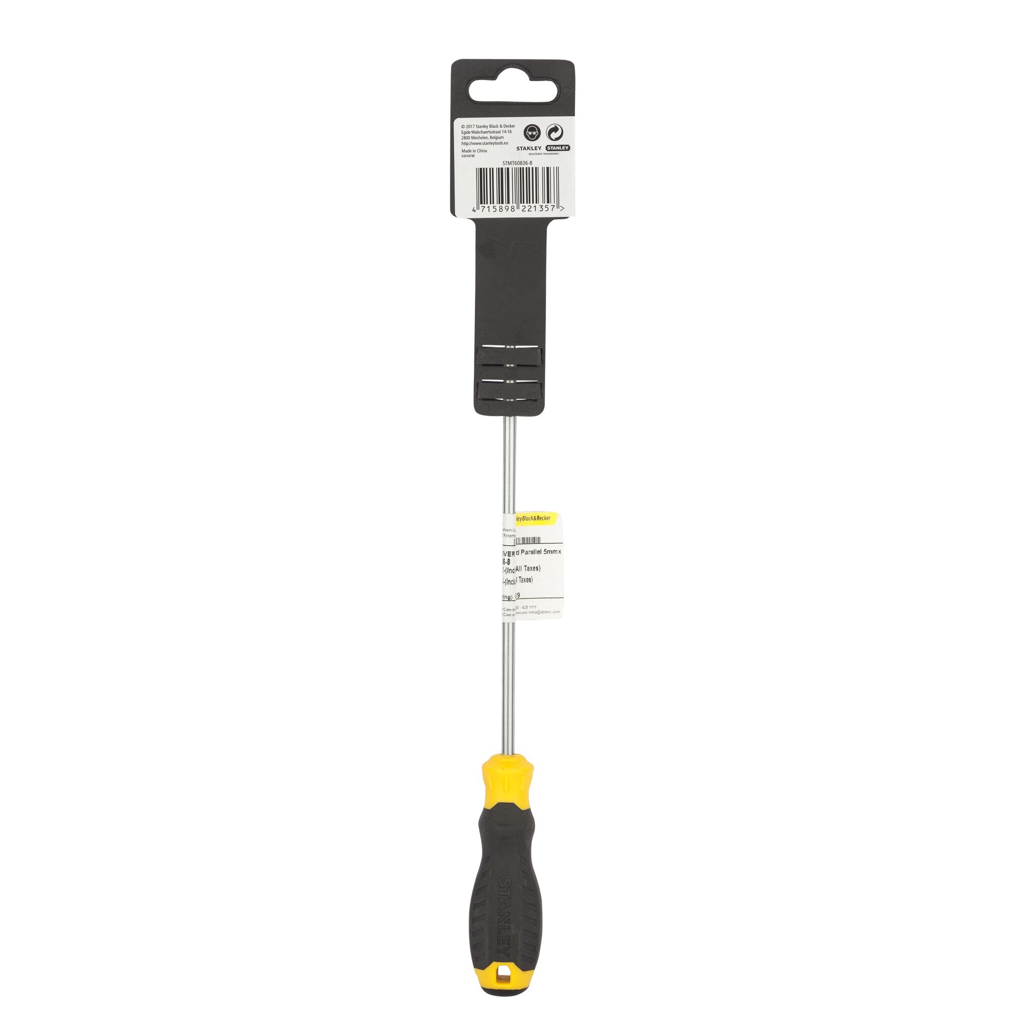STANLEY STMT60836-8 long screwdriver with black and yellow handle, vertical front angle.