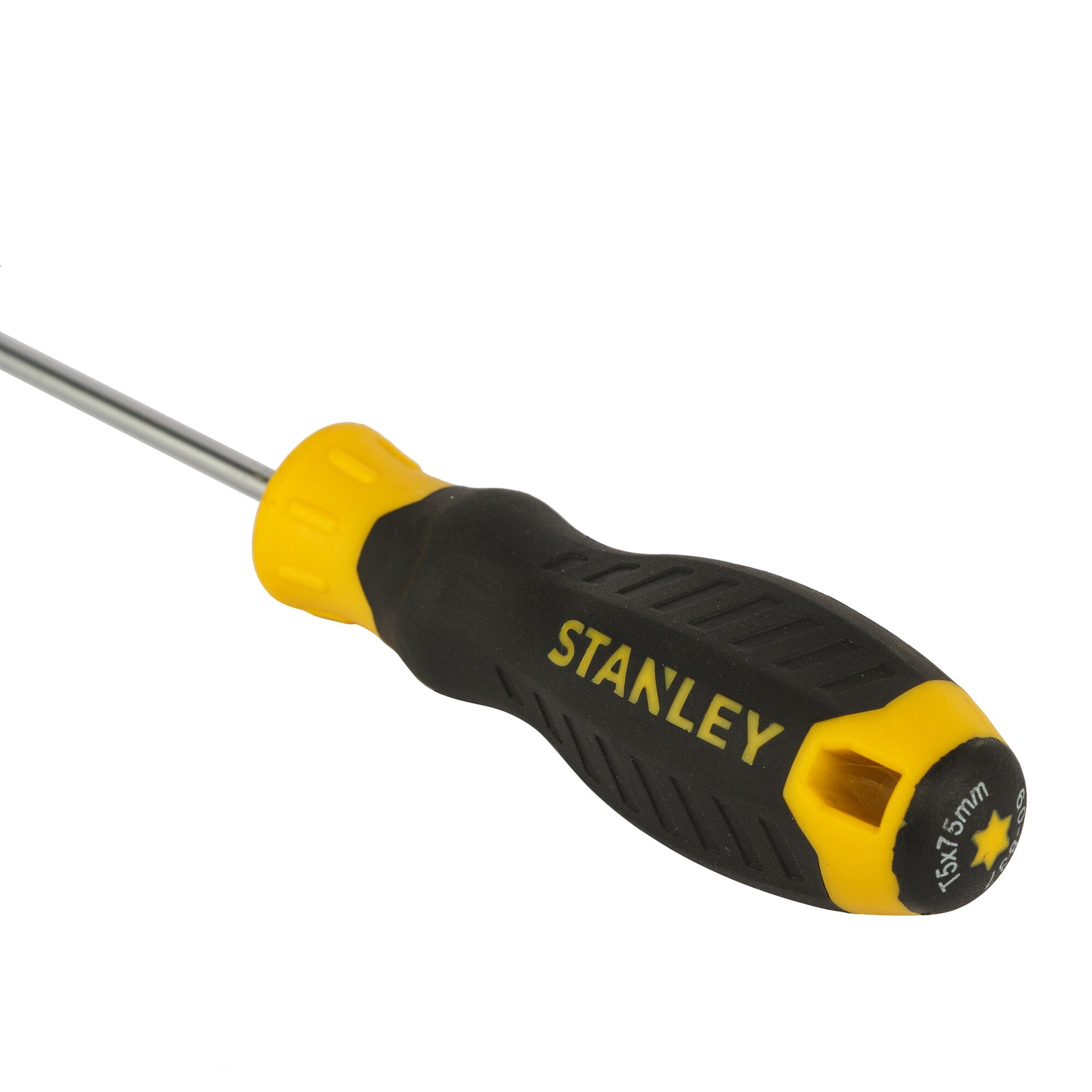 STANLEY STMT60837-8 screwdriver with black and yellow ergonomic handle, front angle on white background.