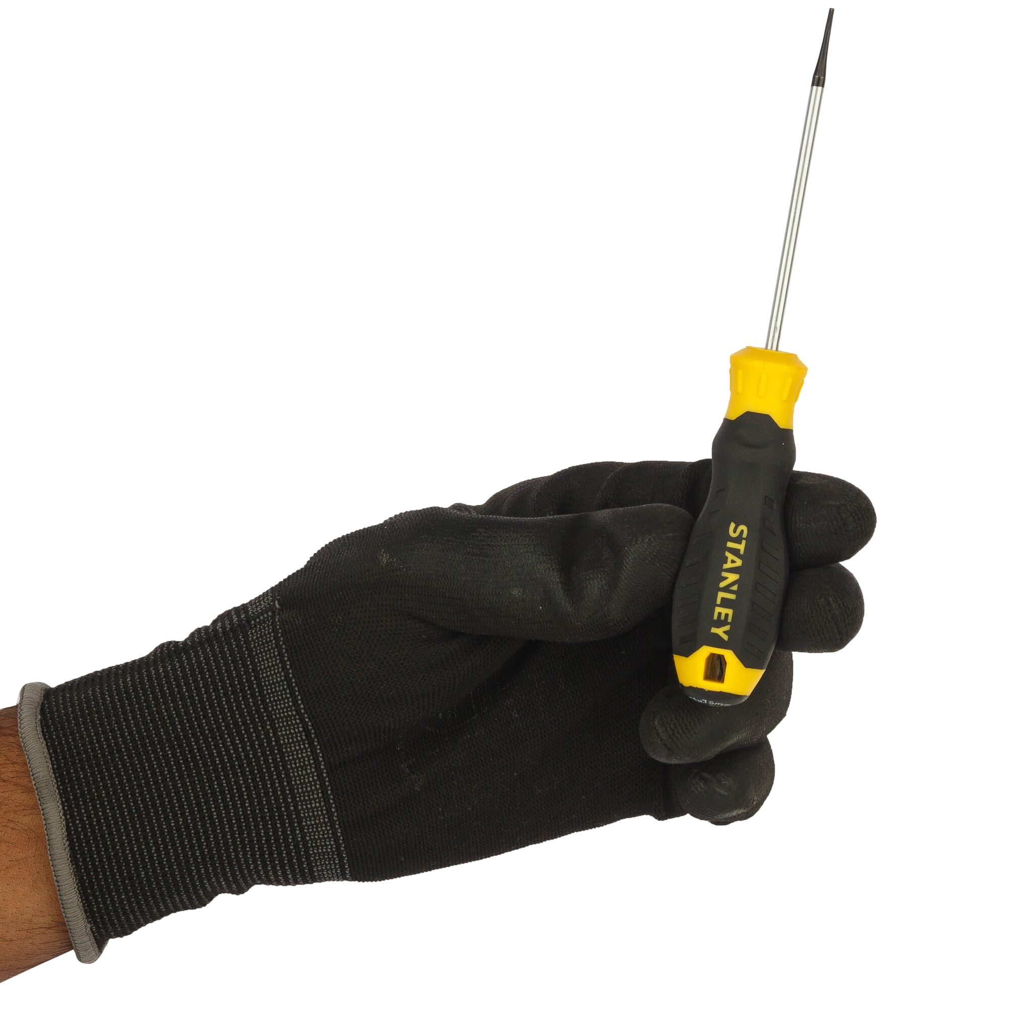 Photo of STANLEY STMT60837-8 screwdriver with yellow and black handle held in black gloved hand, side view.