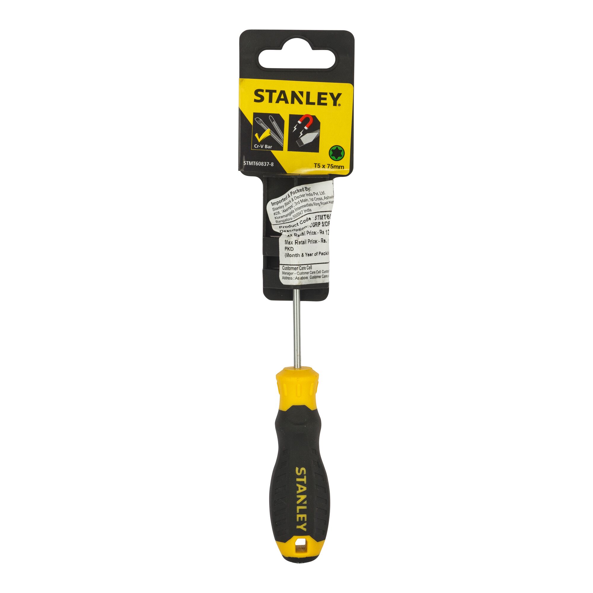 Stanley STMT60837-8 T5 x 75mm screwdriver, black and yellow handle, front angle, white background.