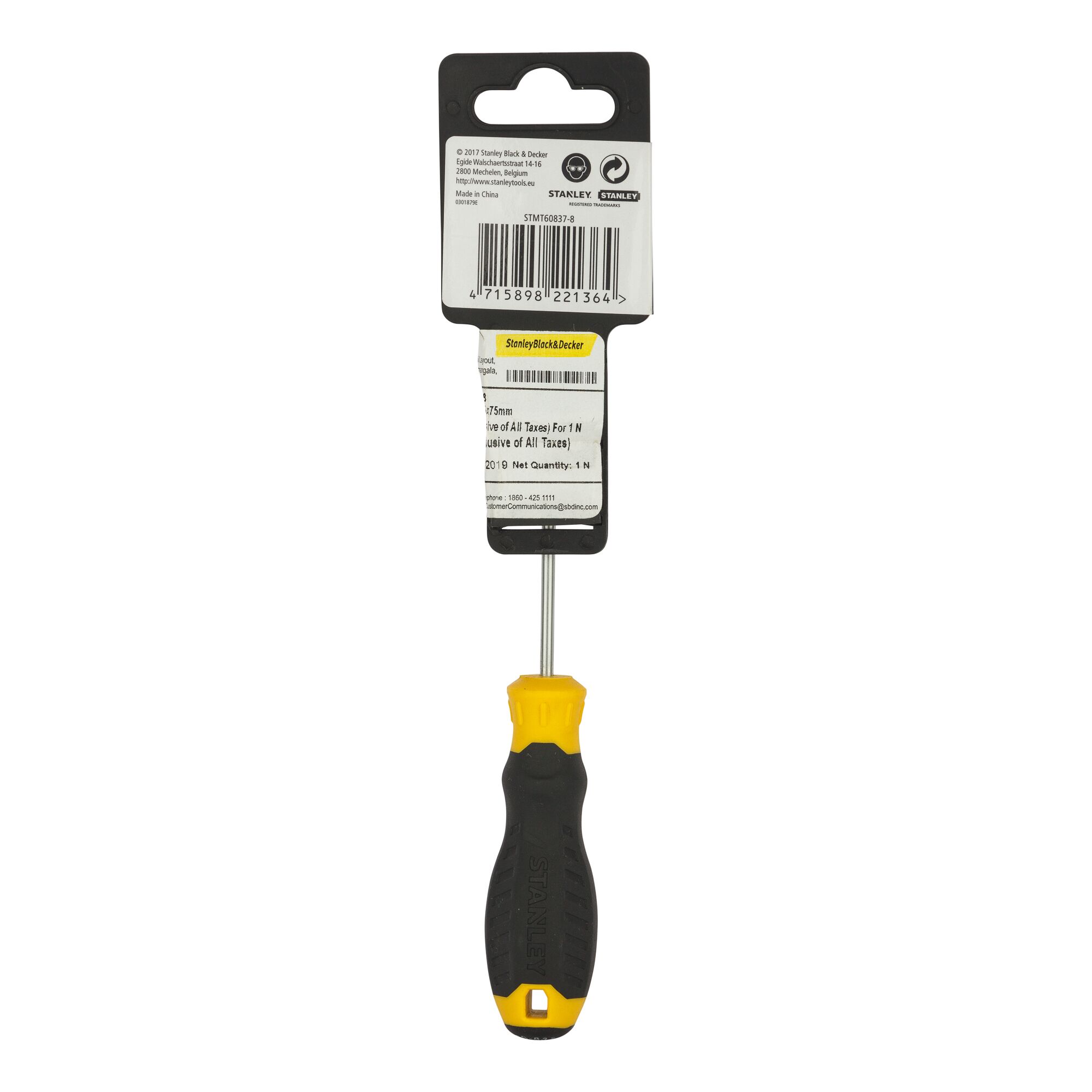 Stanley STMT60837-8 screwdriver with black and yellow handle, rear packaging view, tool category.