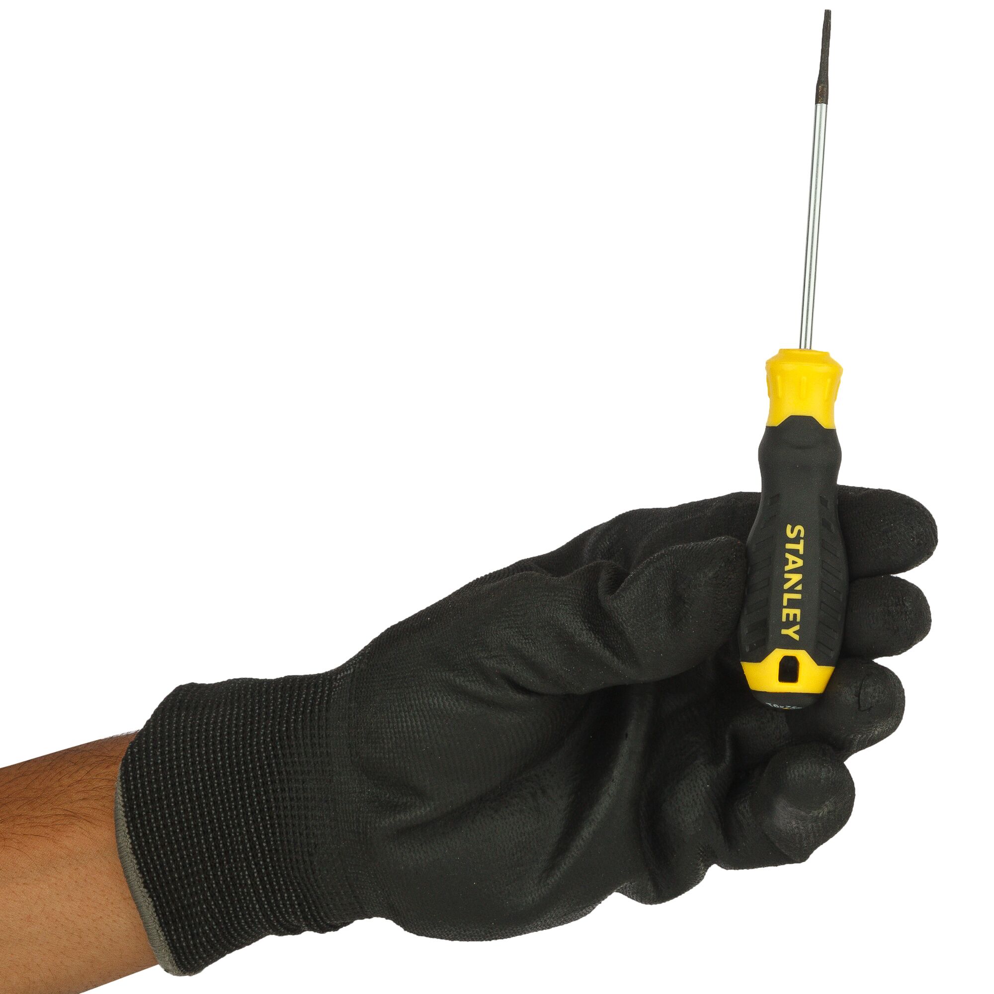 STANLEY STMT60838-8 screwdriver with yellow-black handle held in gloved hand, side view, product photography.