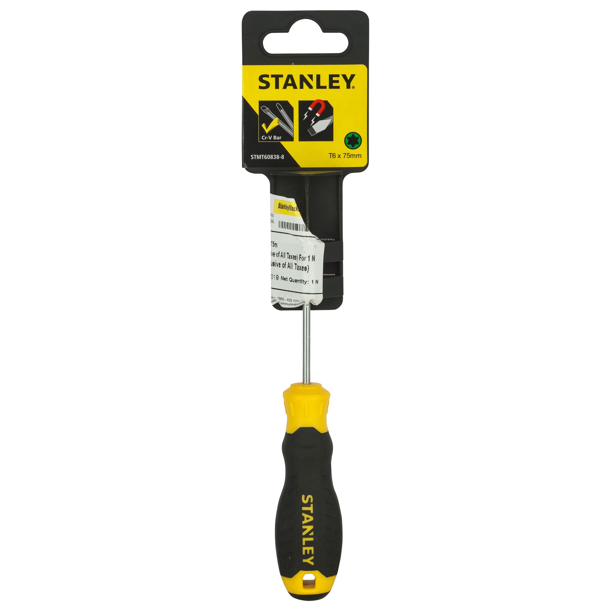 Stanley STMT60838-8 T6 x 75mm screwdriver, black and yellow handle, front angle, on white background.