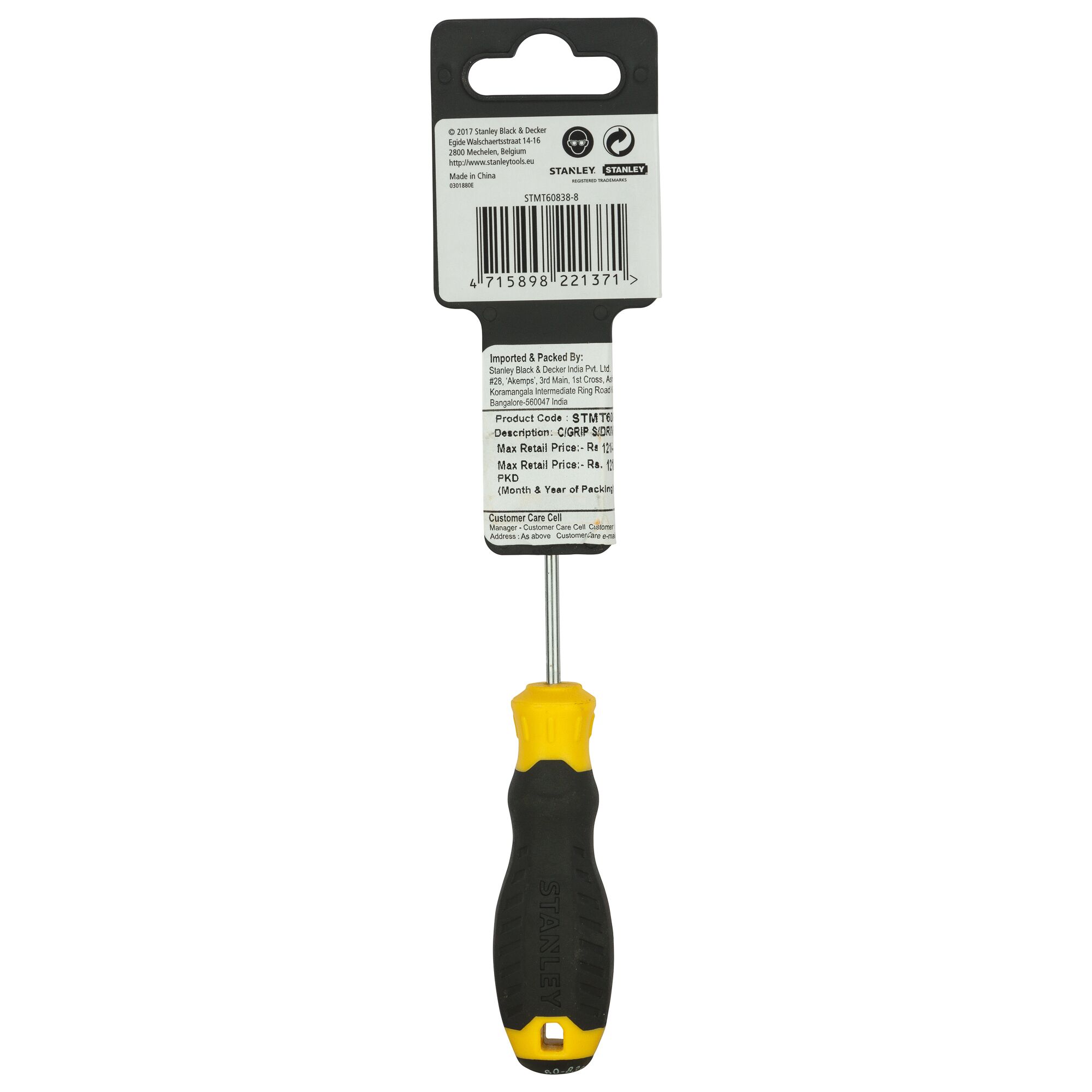 Stanley STMT60838-8 screwdriver with black and yellow handle, rear view on white background.