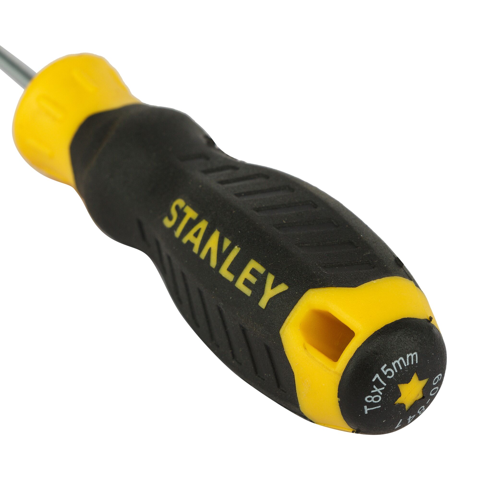 Photo of STANLEY STMT60841-8 screwdriver with black and yellow ergonomic handle, side angle on white background.