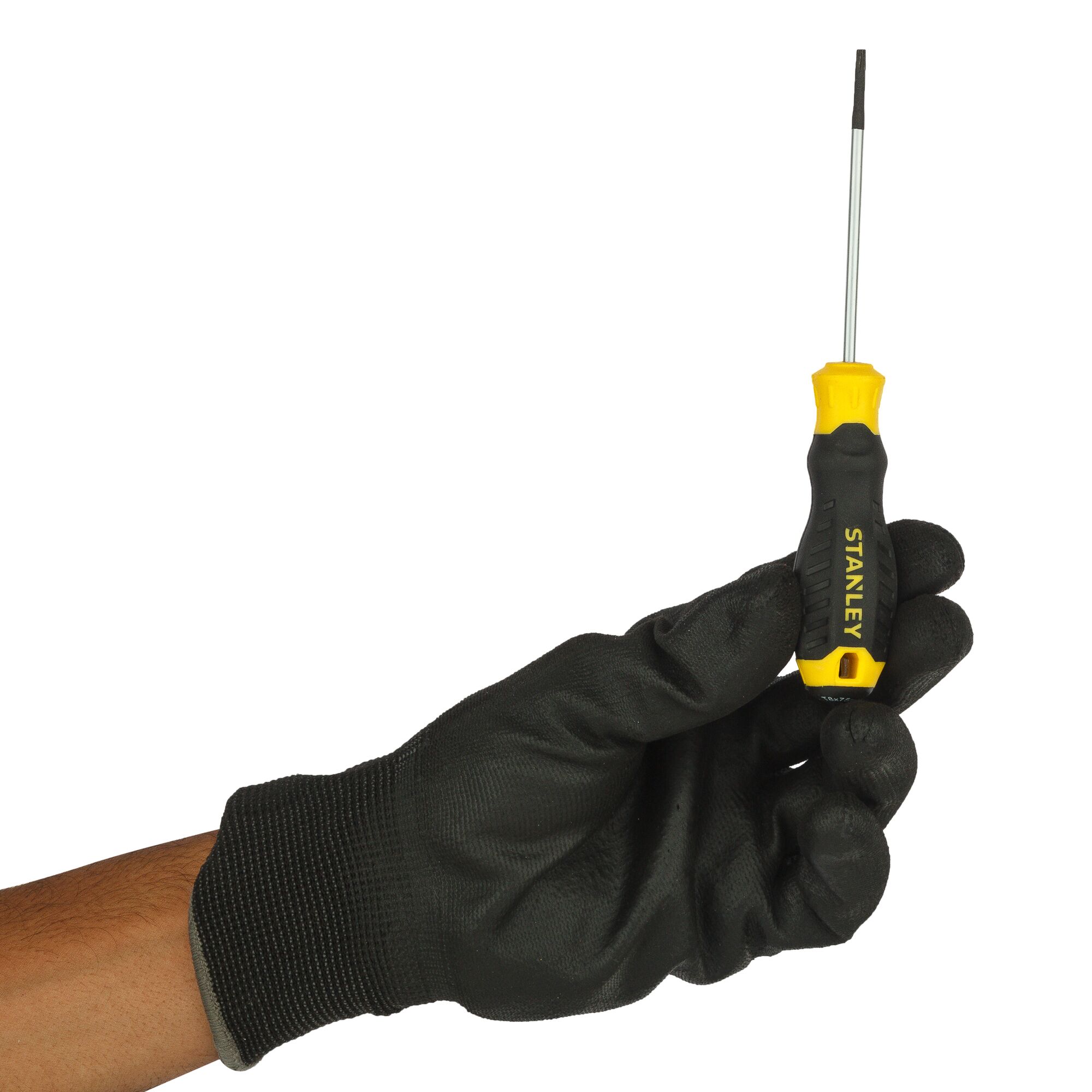 STANLEY STMT60841-8 screwdriver with black and yellow handle held by gloved hand, photography right side view.