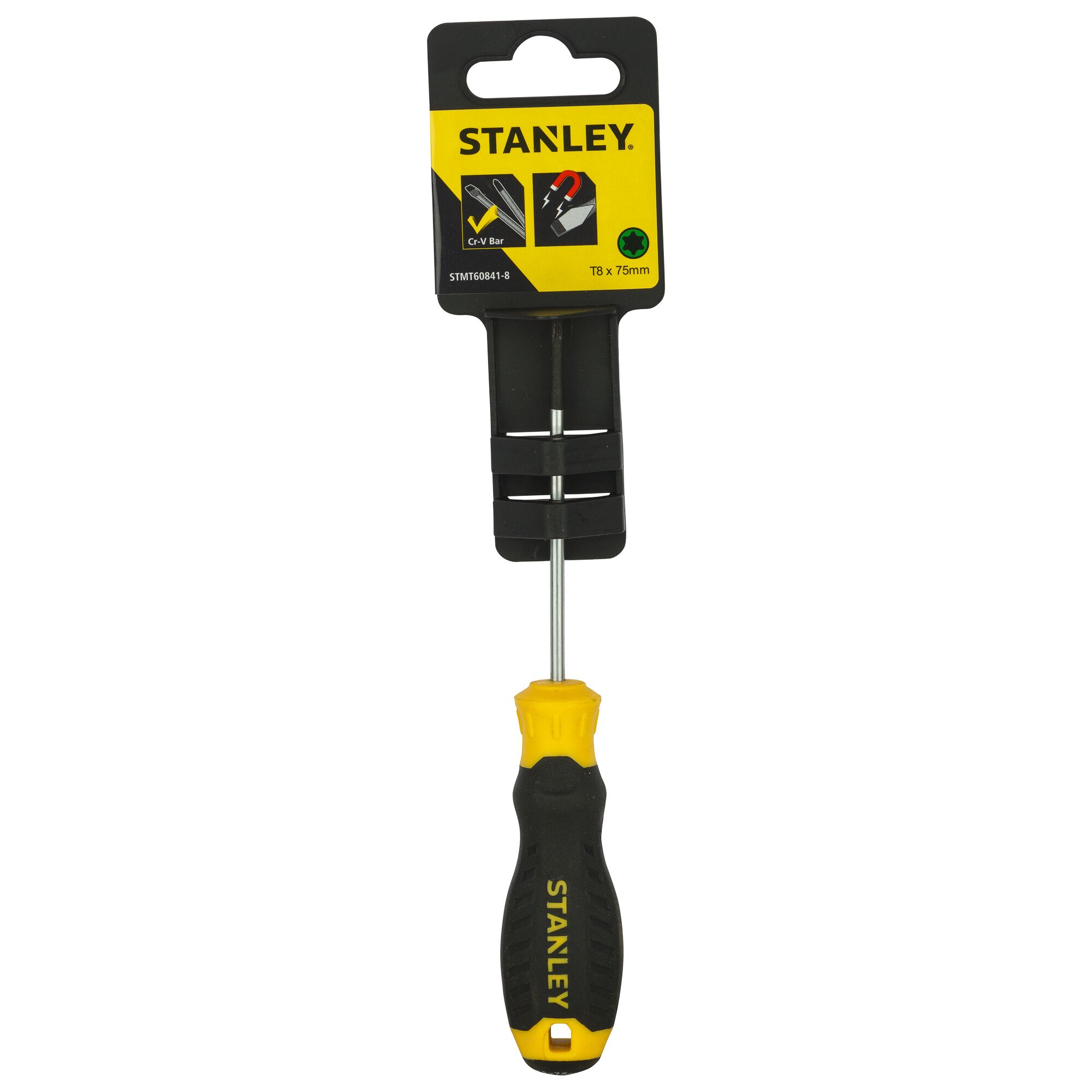 STANLEY STMT60841-8 screwdriver with black and yellow handle, front view on white background.