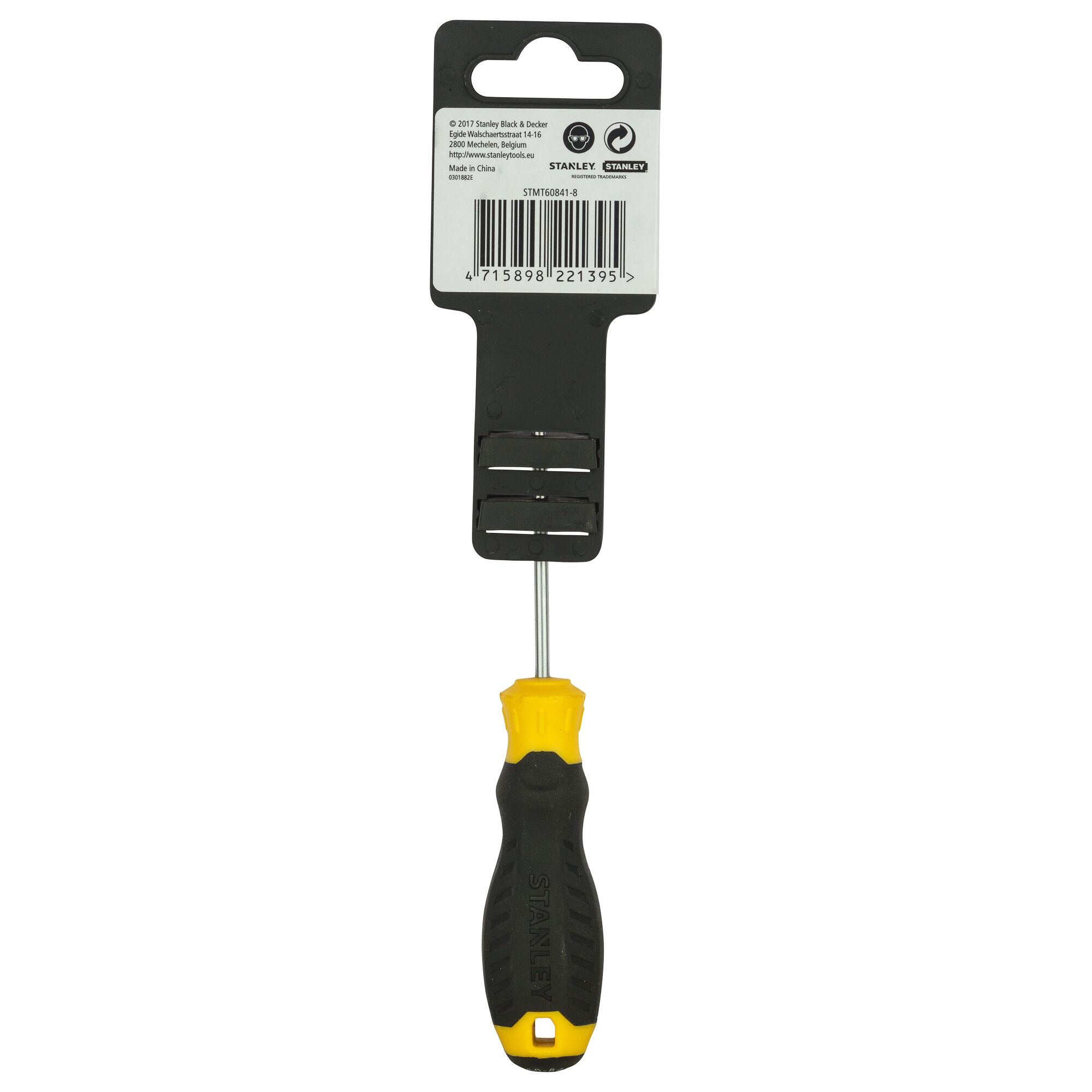 Stanley STMT60841-8 screwdriver front view, black and yellow handle, with retail packaging.