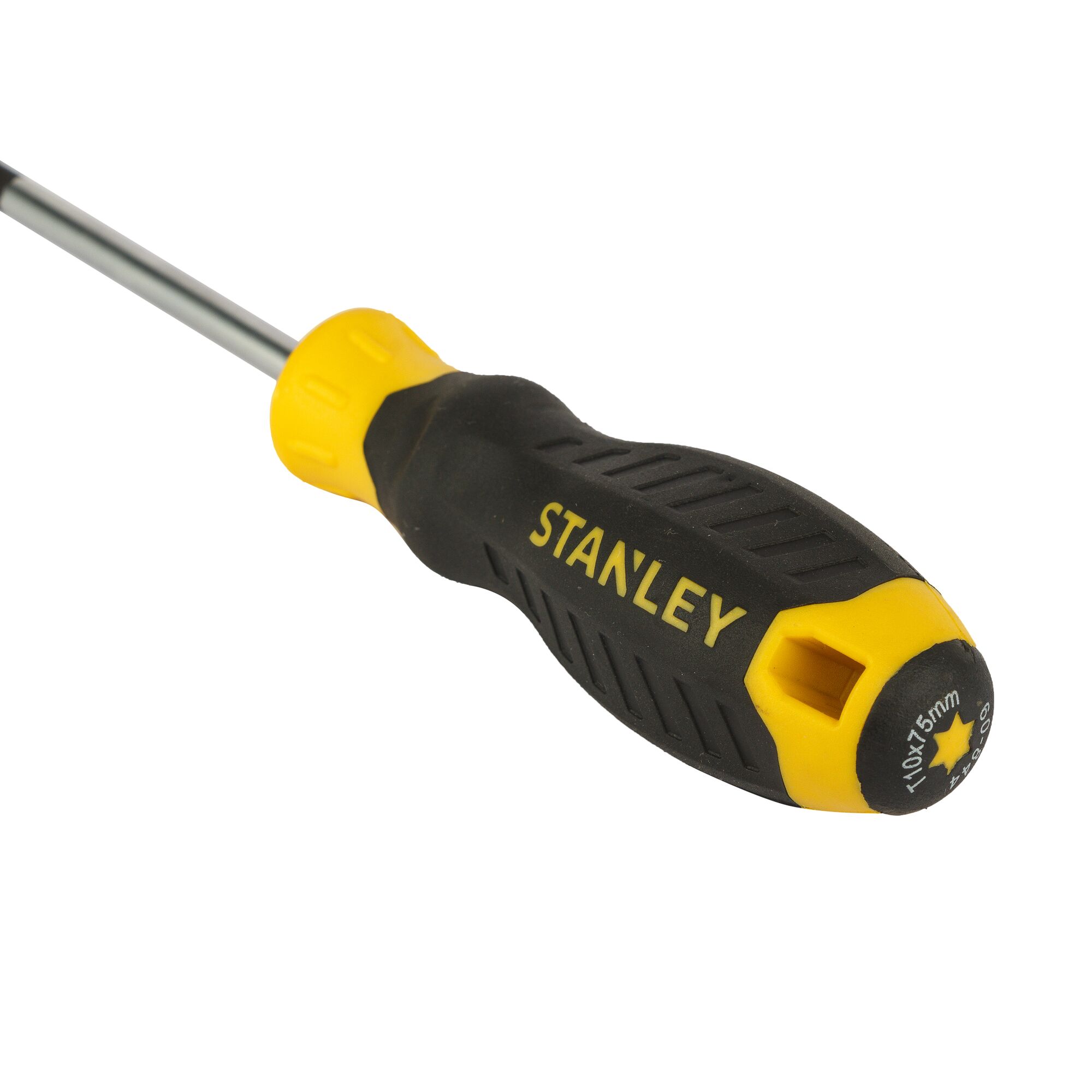 Stanley STMT60844-8 screwdriver with ergonomic black and yellow handle, angled view on white background.