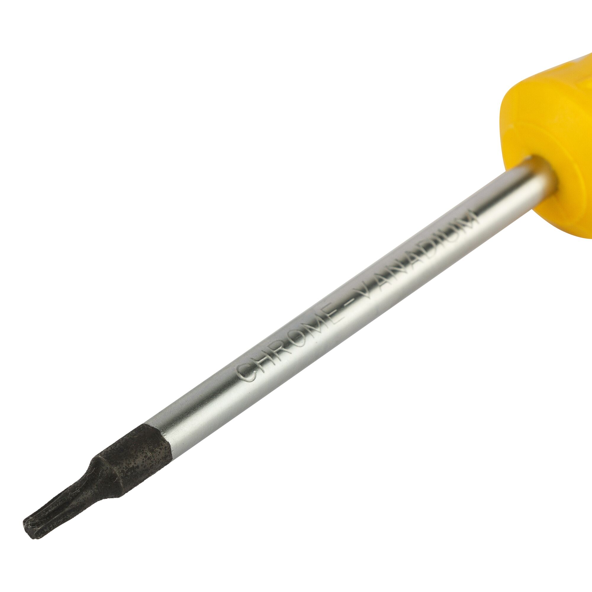STANLEY STMT60844-8 chrome vanadium Torx screwdriver with yellow handle, side angle on white background.