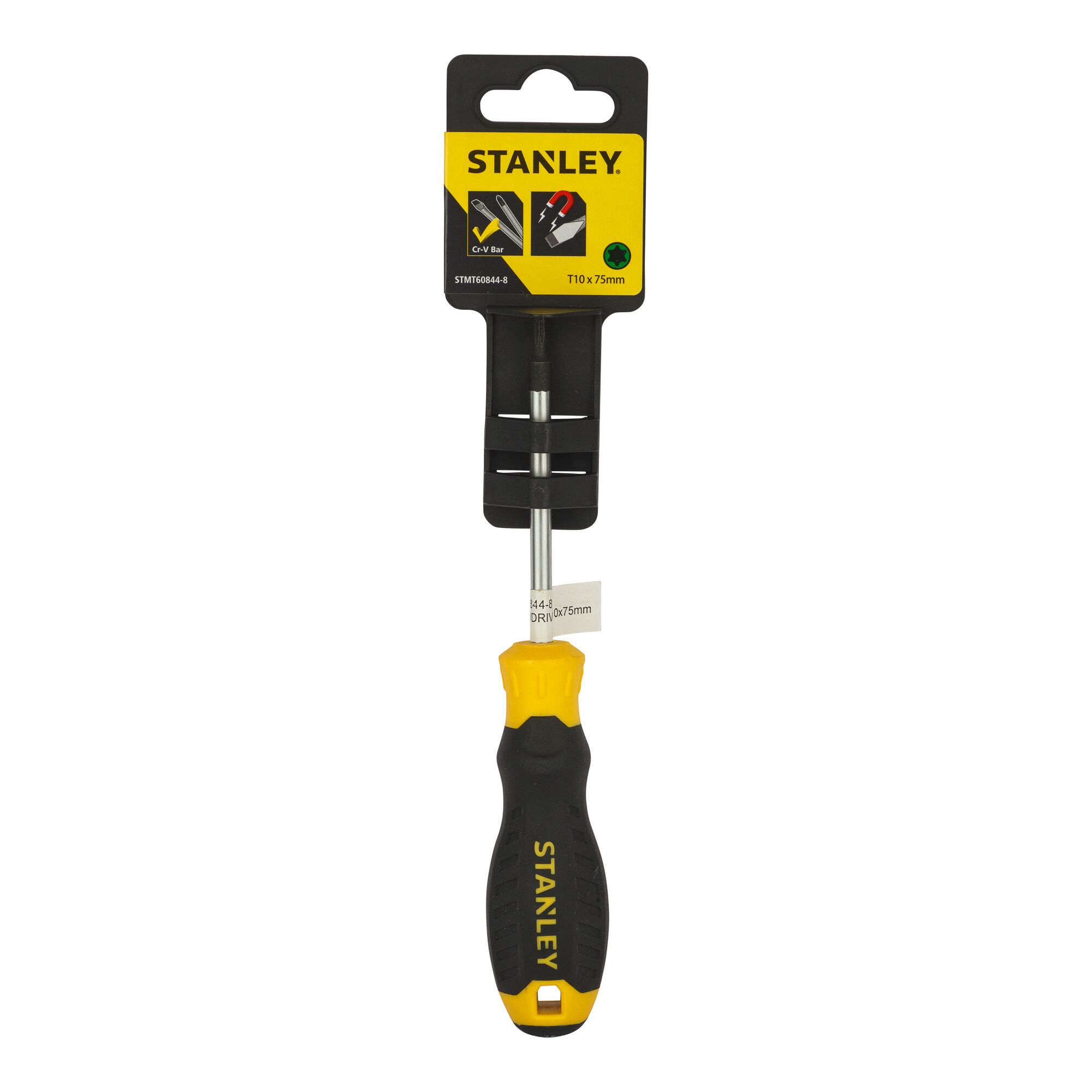 STANLEY STMT60844-8 screwdriver, yellow and black handle, front angle, photography on white background.