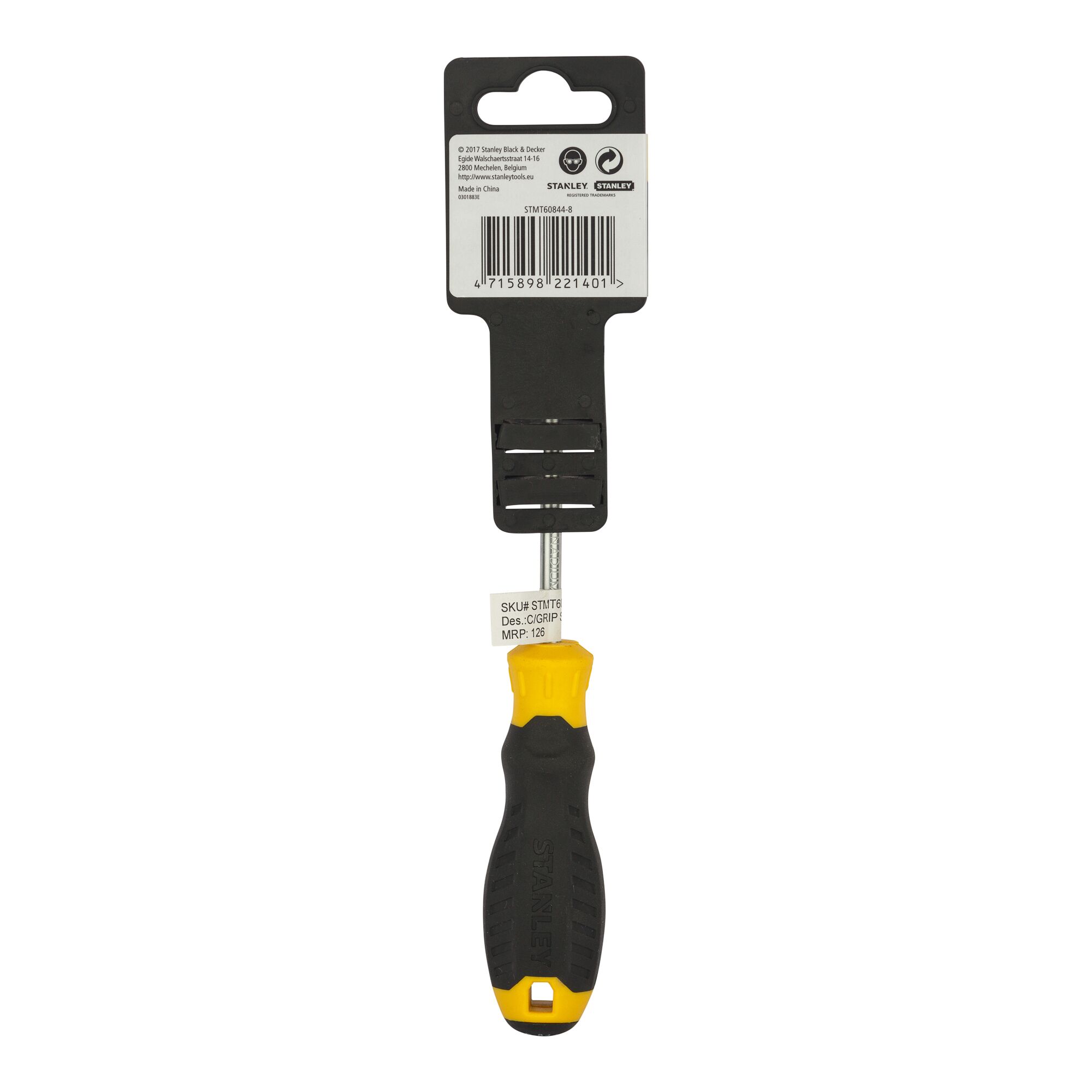 STANLEY STMT60844-8 screwdriver with black and yellow handle, front view on white background.
