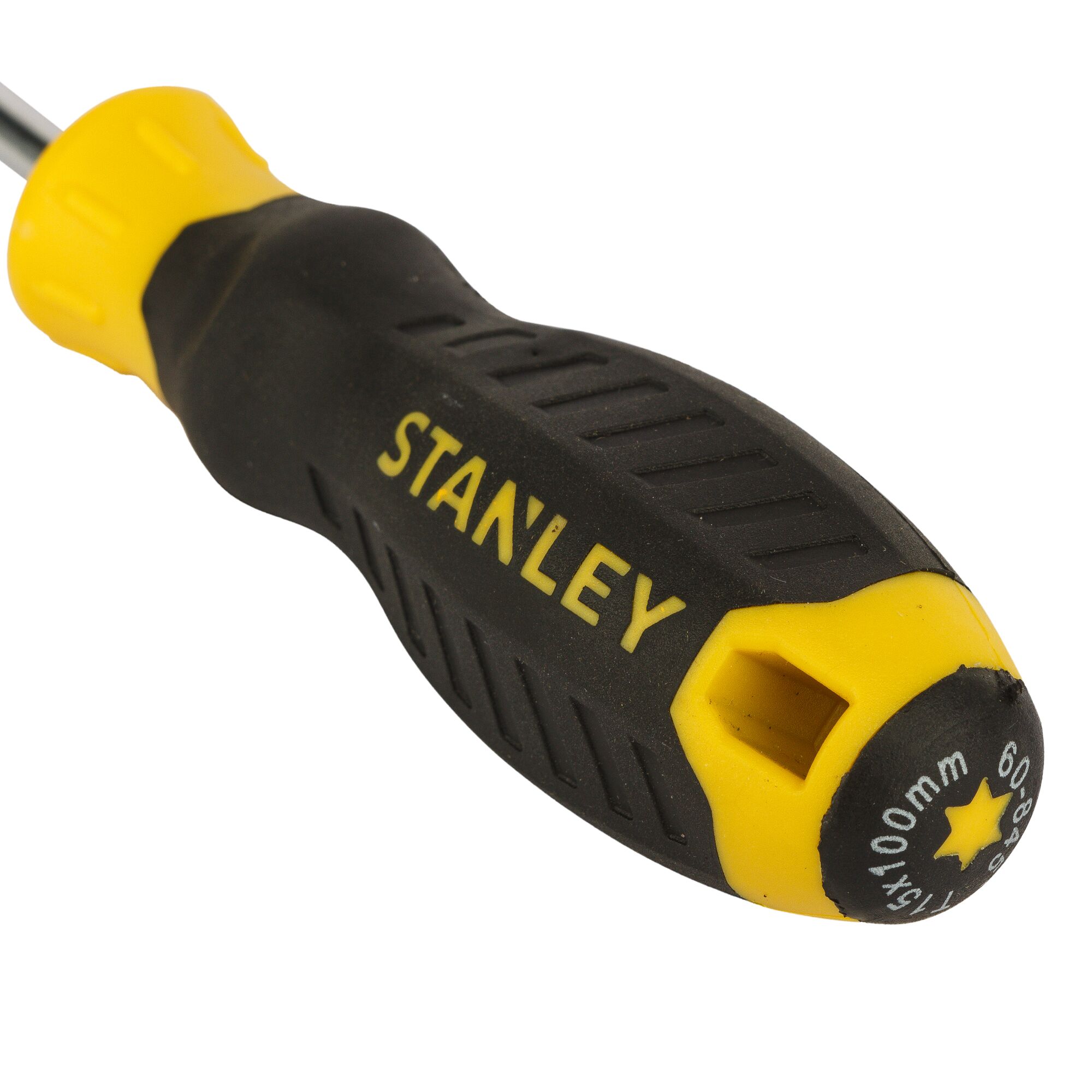 Stanley STMT60845-8 screwdriver, black and yellow handle, close-up product photo.