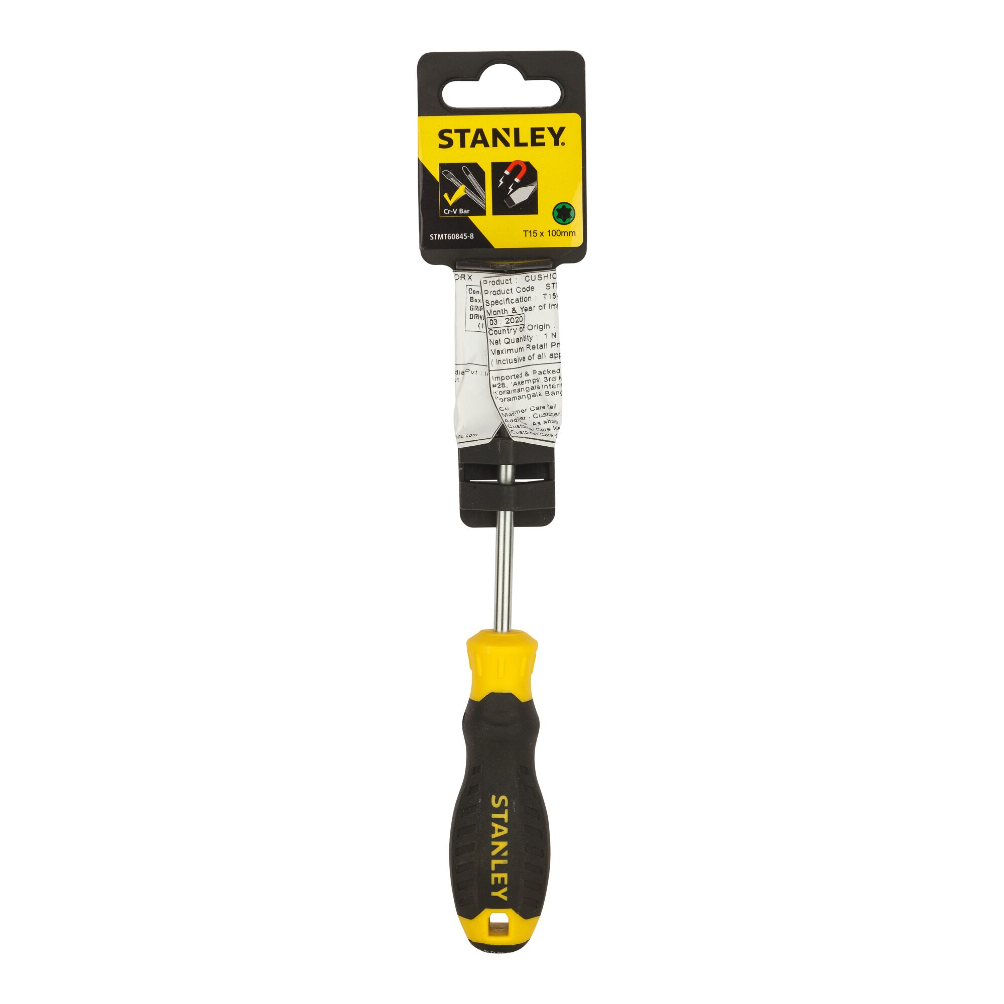 STANLEY STMT60845-8 screwdriver, black and yellow handle, front view on white background.