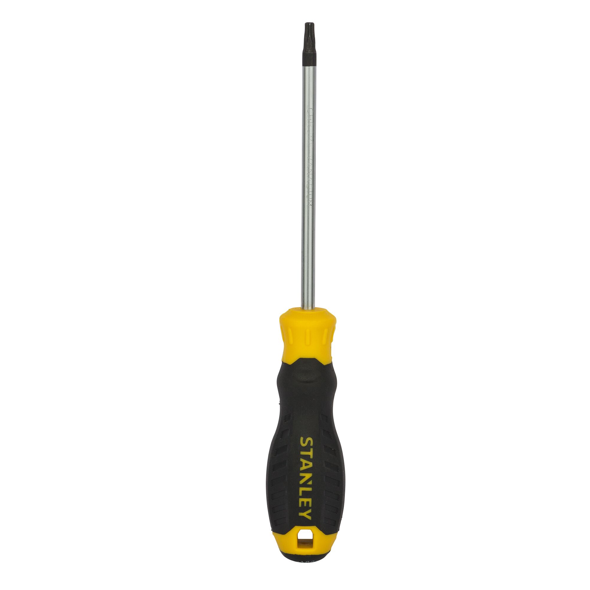 STANLEY STMT60847-8 screwdriver with yellow and black ergonomic handle, front view on white background.